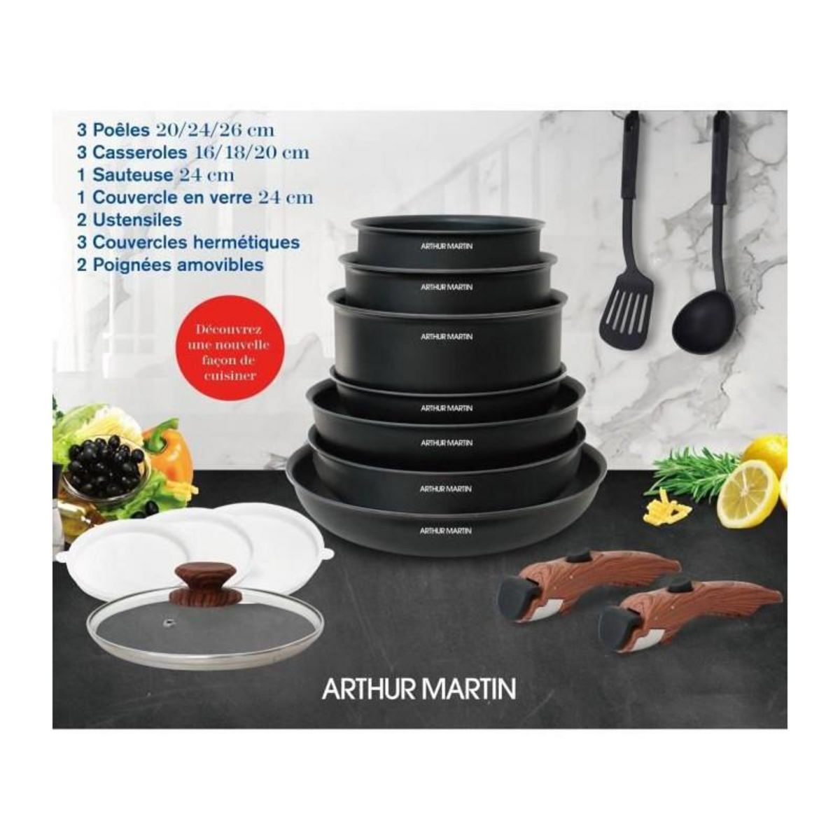 Arthur Martin Arthur Martin AM1502 Batterie de cuisine 15 pieces - poignee amovible effet bois - tous feux dont induction