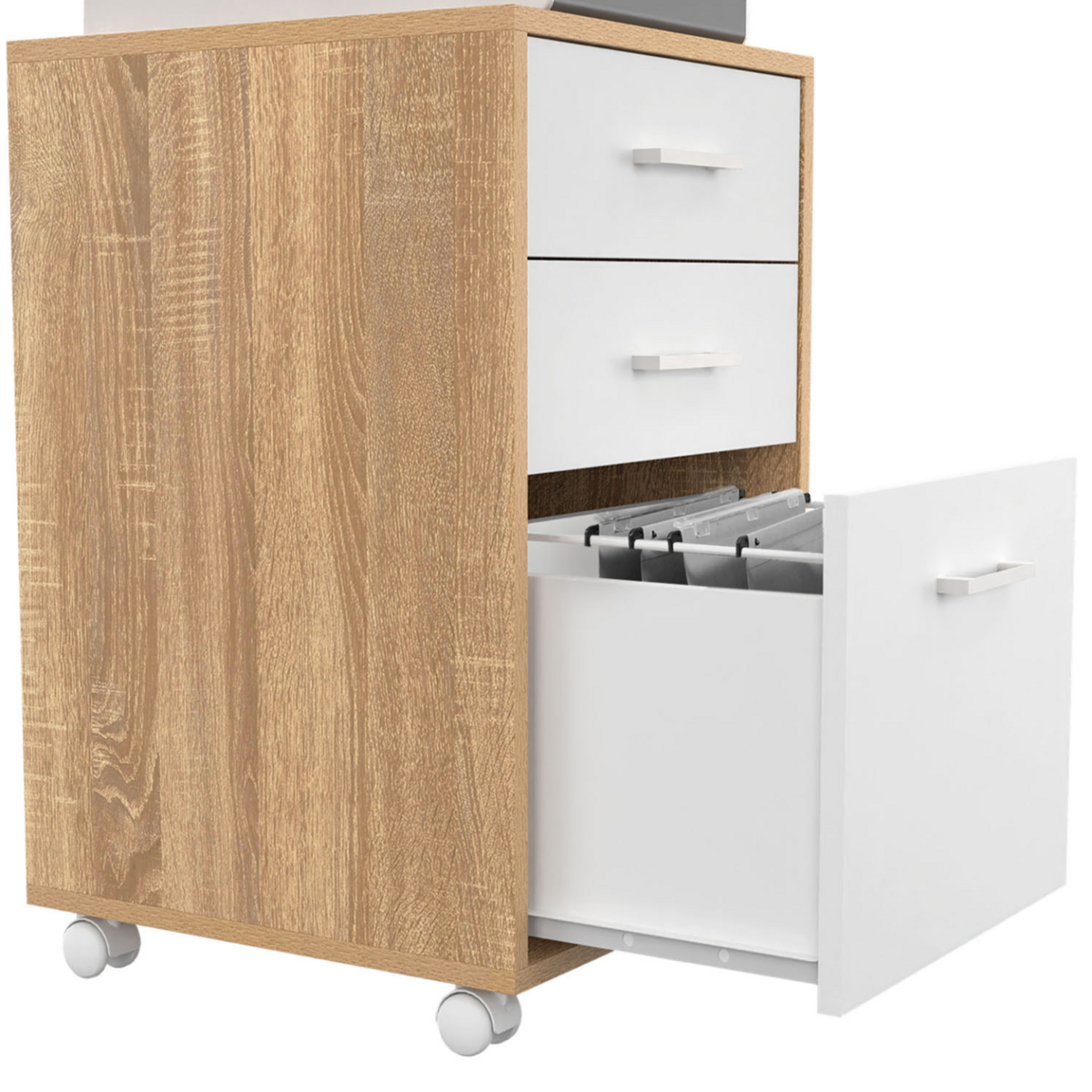 ID MARKET Caisson de bureau JON support imprimante 3 tiroirs blanc et bois