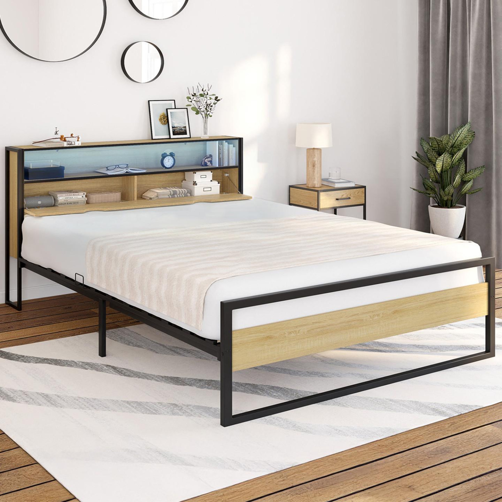Voir la diapositive 2 : ID MARKET Lit double detroit led intégrés dans la tête de lit et sommier 140 x 190 cm effet bois et métal noir design industriel