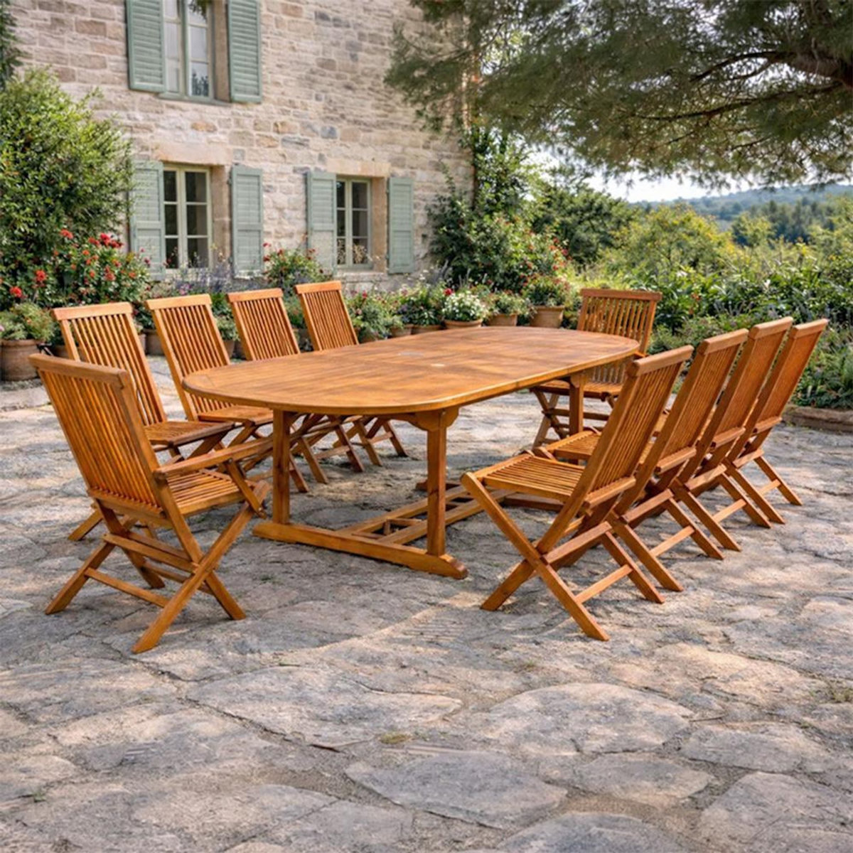 CONCEPT USINE Table de jardin ovale 8 chaises et 2 fauteuils en teck huilé LUBOK