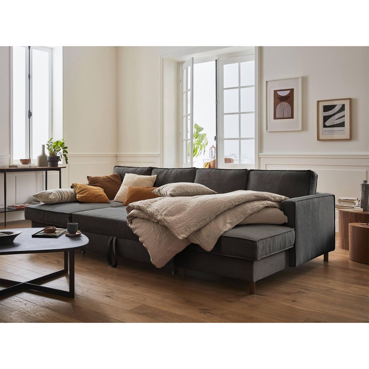 LISA DESIGN Jake - canapé panoramique en u - 7 places - convertible avec coffre - en velours côtelé