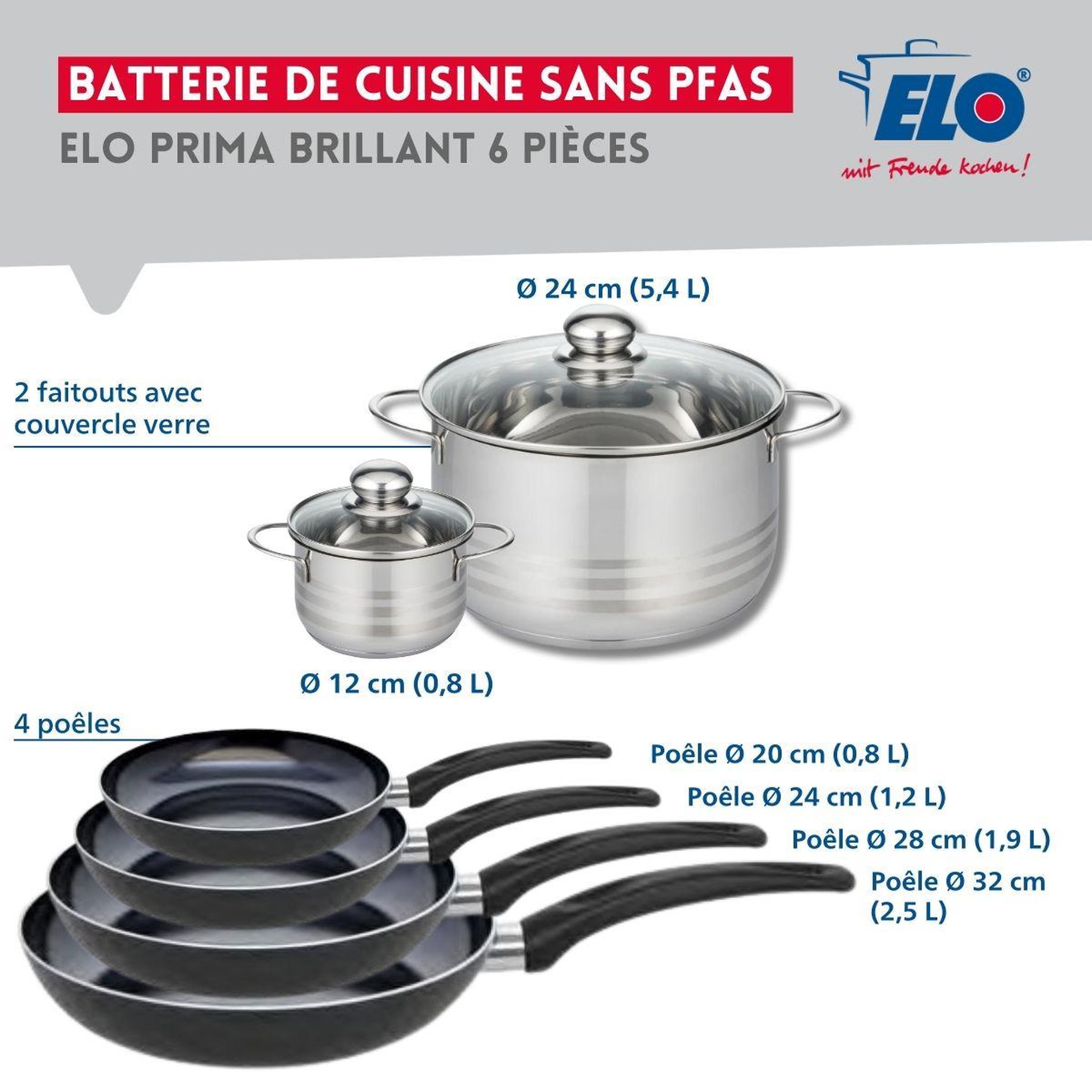 Voir la diapositive 2 : ELO Ensemble de 4 poêles de cuisson 20, 24, 28 et 32 cm et 2 faitouts 12 et 24 cm elo prima brillant