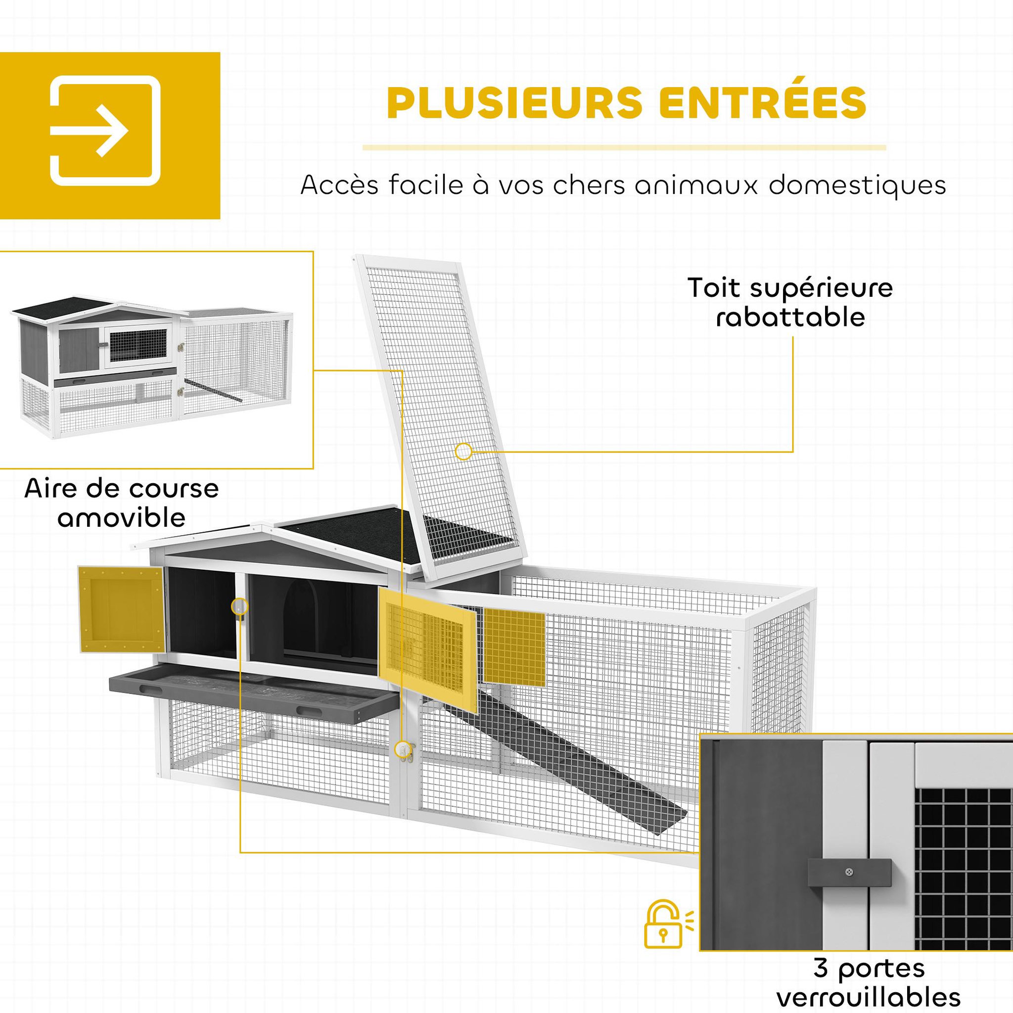 Voir la diapositive 6 : PAWHUT Clapier cage à lapins rongeurs 2 étages tiroir déjection enclos extérieur toit ouvrant bois sapin blanc gris