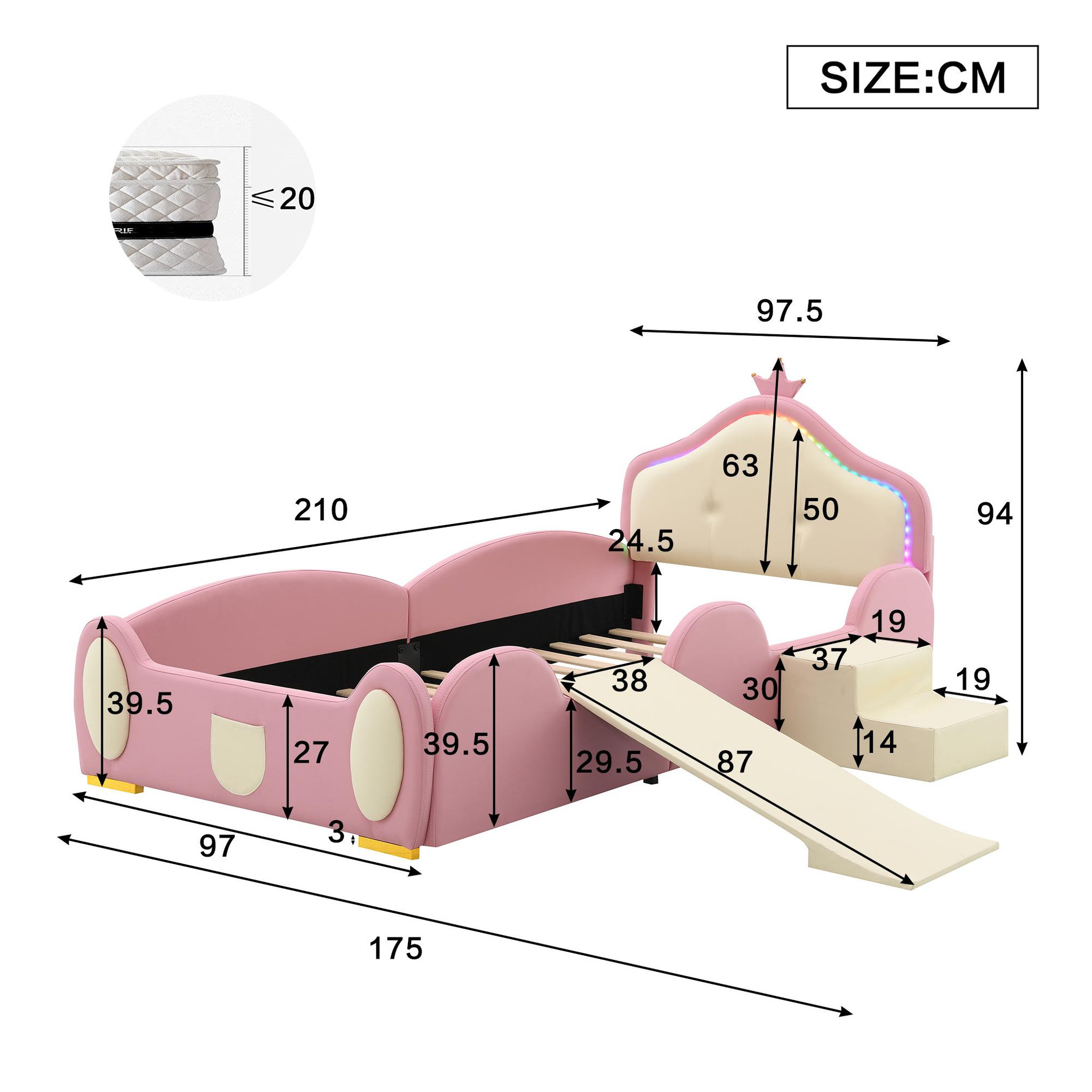 Voir la diapositive 3 : MERAX Lit simple enfant rembourré 90x200cm pu coloris rose led