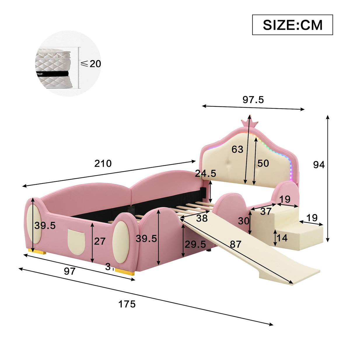 MERAX Lit simple enfant rembourré 90x200cm pu coloris rose led