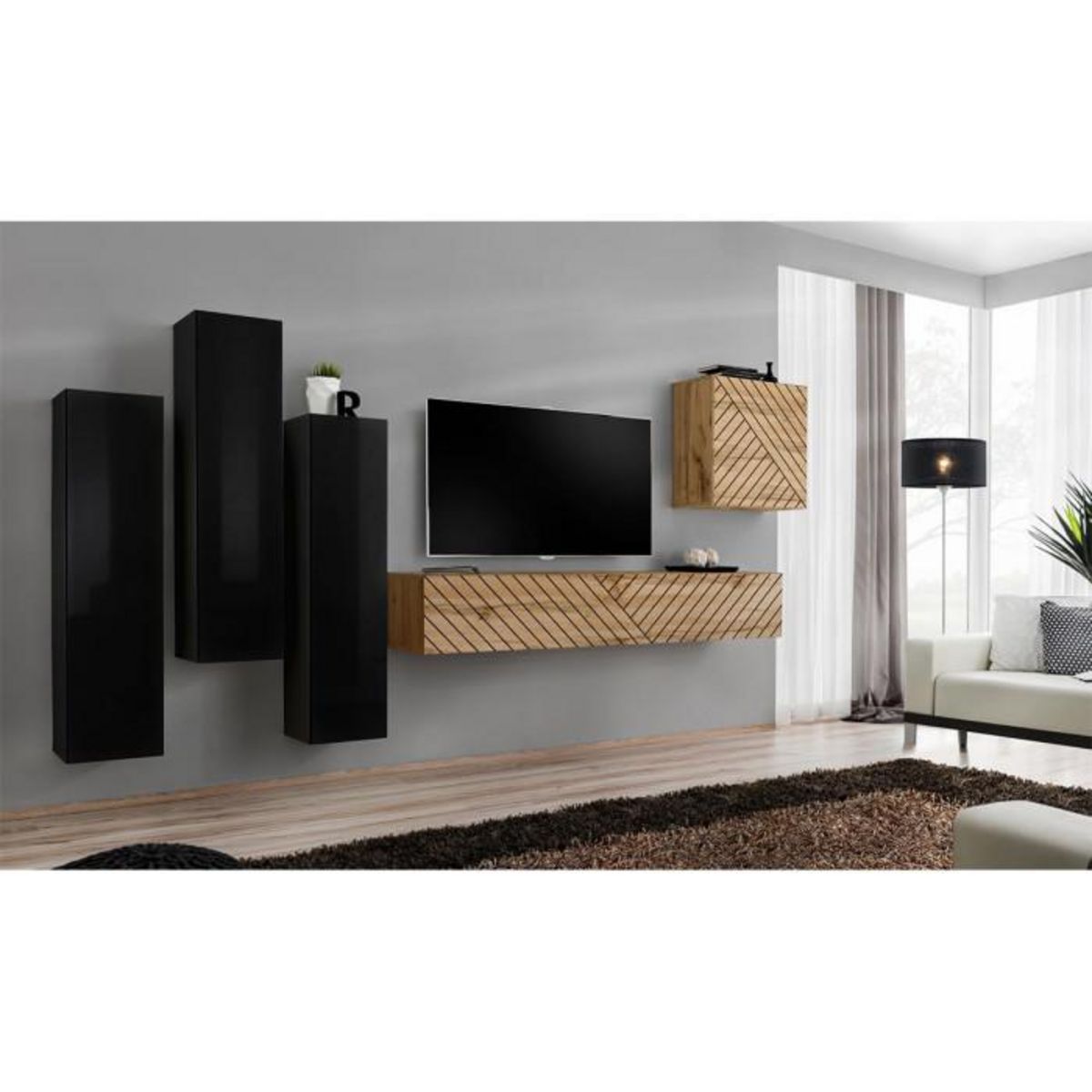 Paris Prix Ensemble Meuble TV  Switch Lamel III  330cm Naturel & Noir