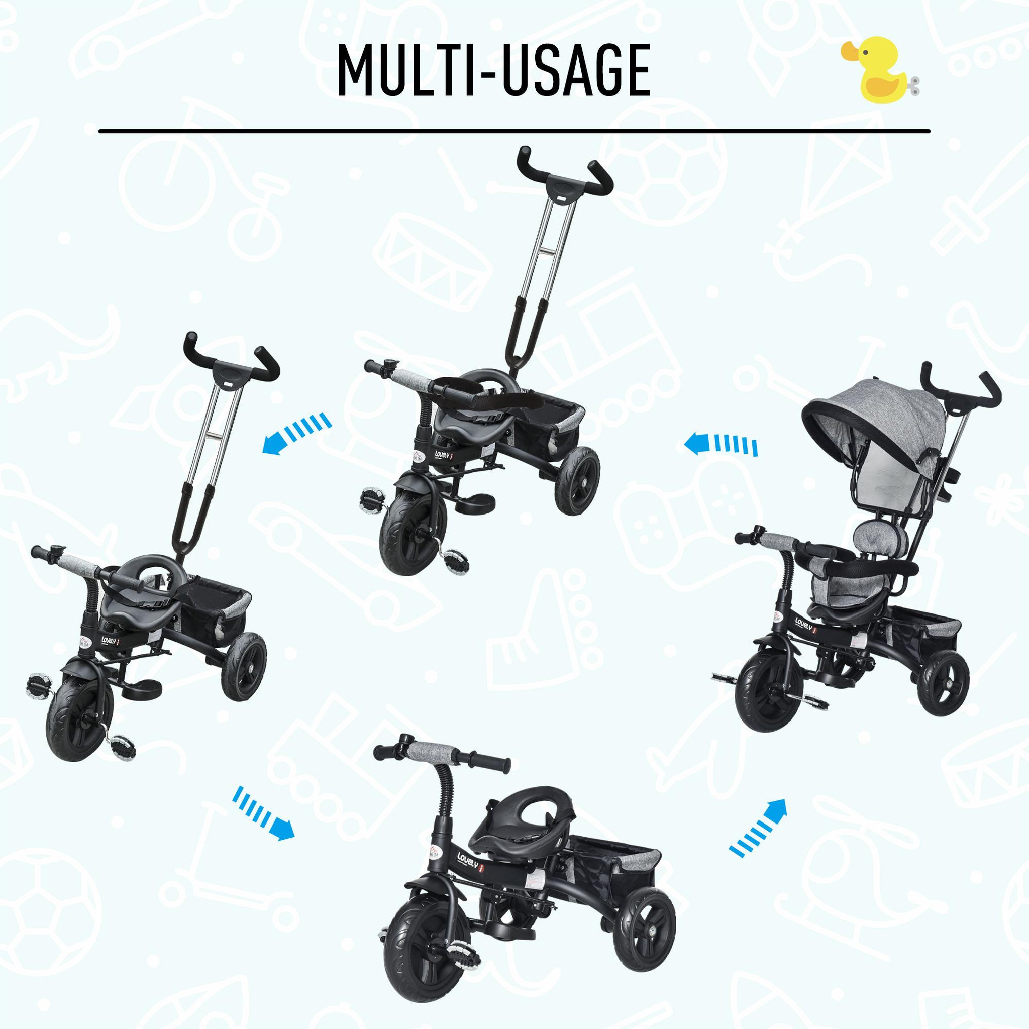 Voir la diapositive 5 : HOMCOM Tricycle enfant évolutif pare-soleil pliable canne  télescopique amovible 92 x 51 x 110 cm acier gris noir