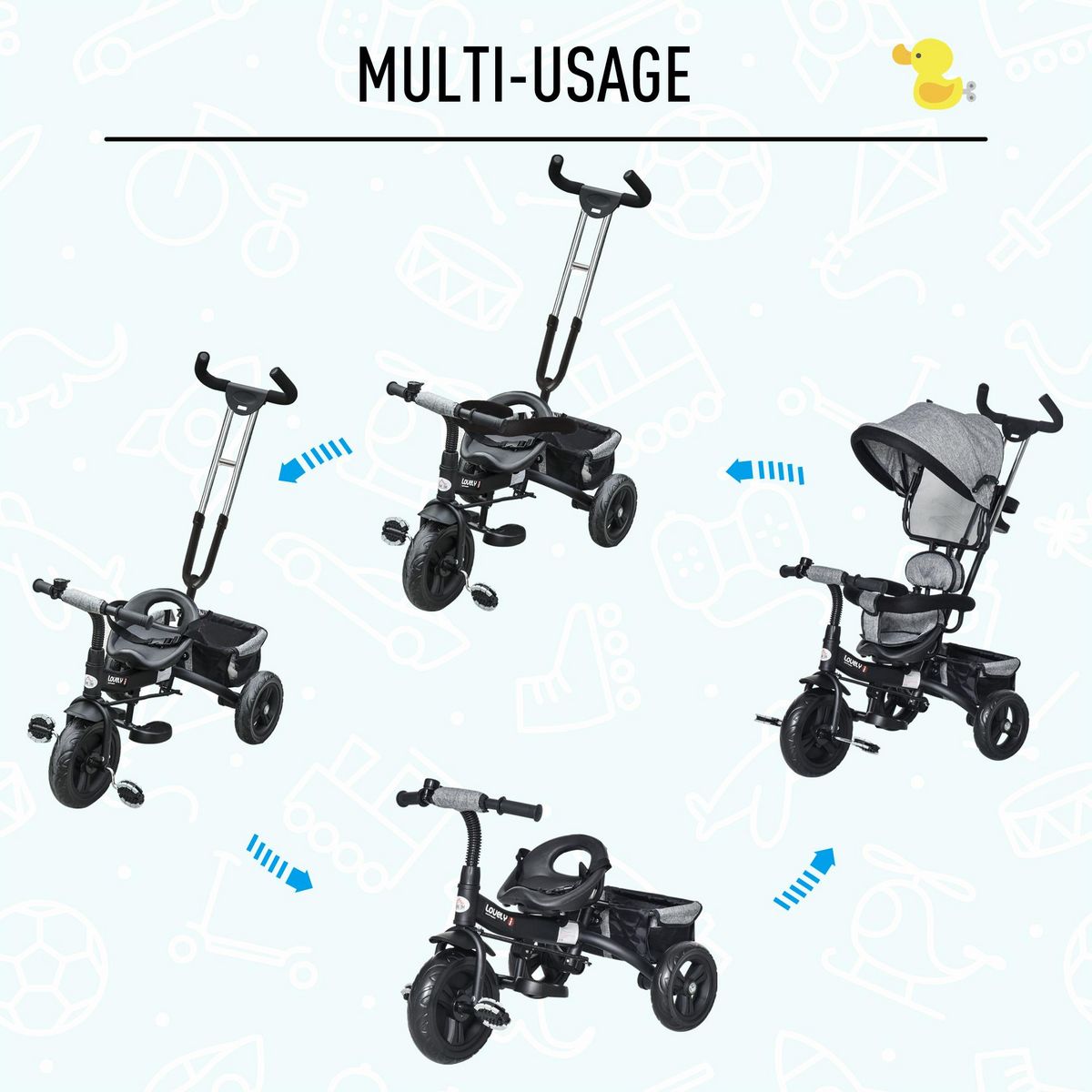 HOMCOM Tricycle enfant évolutif pare-soleil pliable canne  télescopique amovible 92 x 51 x 110 cm acier gris noir