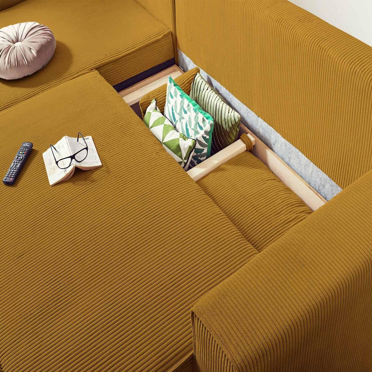 BEST MOBILIER Dellia - canapé d'angle réversible convertible - avec coffre - en velours côtelé - 4 places