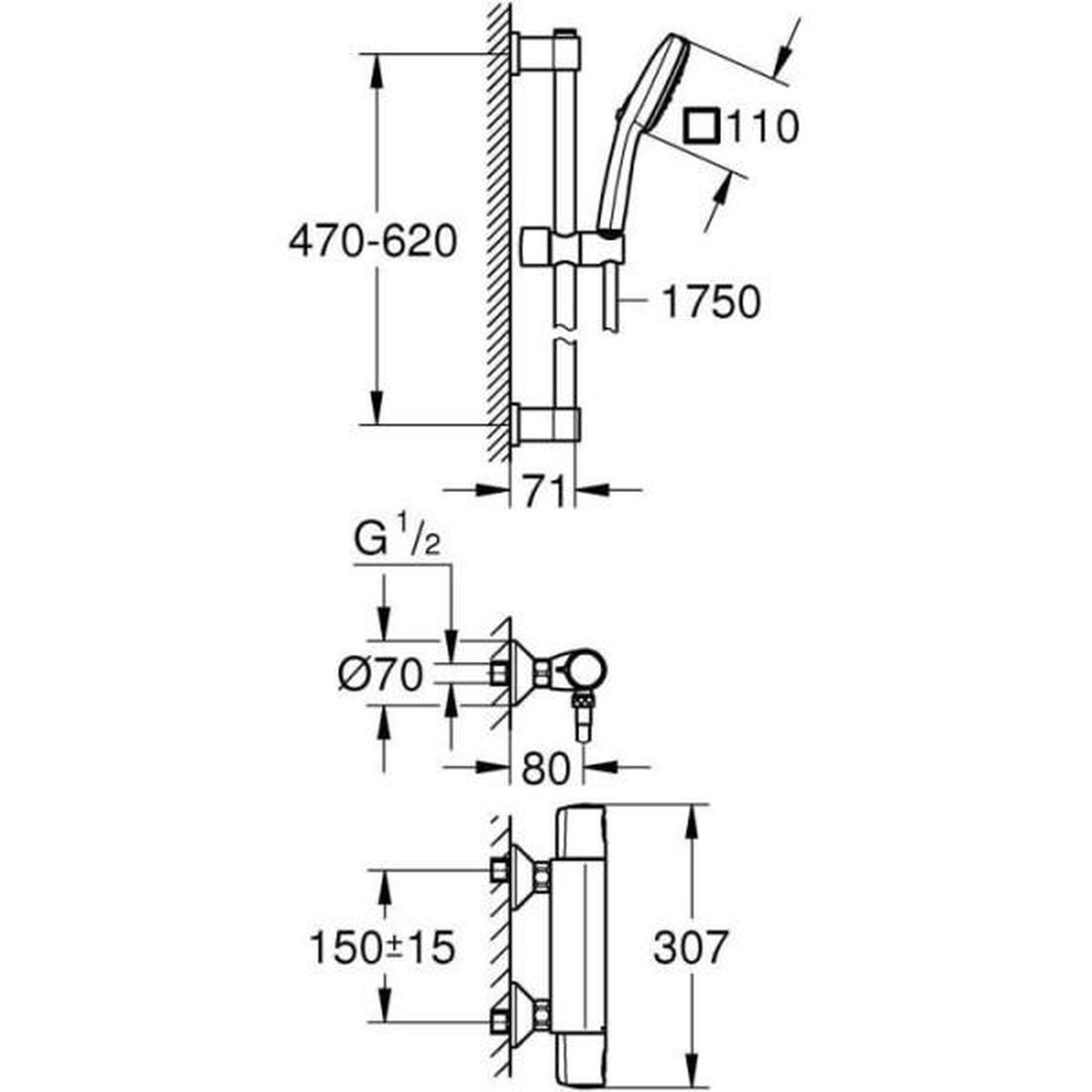 Voir la diapositive 3 : Grohe Ensemble de douche avec mitigeur thermostatique, pommeau 3 jets, barre 60cm et flexible - GROHE 34237003 - Economie d'eau - Chro
