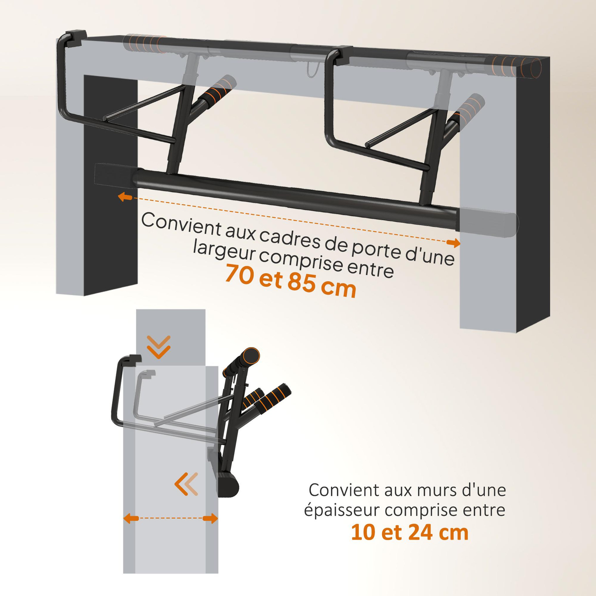 Voir la diapositive 5 : HOMCOM Barre de traction porte 2 bandes de résistance incluses max. 150 kg acier orange noir