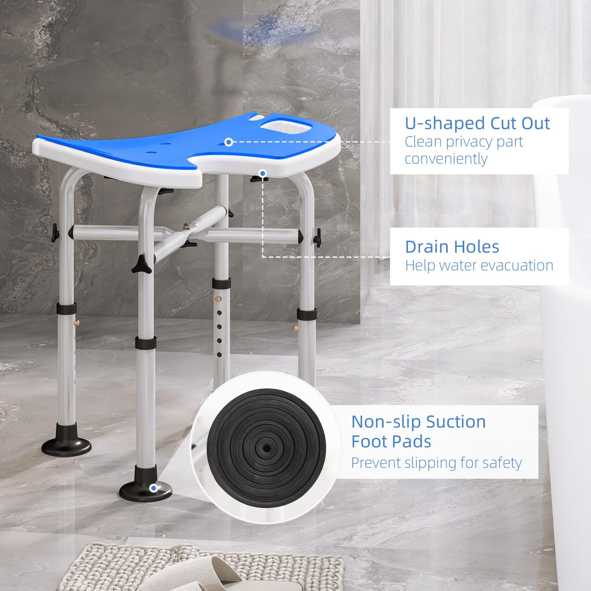 Voir la diapositive 5 : HOMCOM Tabouret de douche - siège de douche avec barre d'appui ventouse - hauteur réglable - alu hdpe bleu blanc