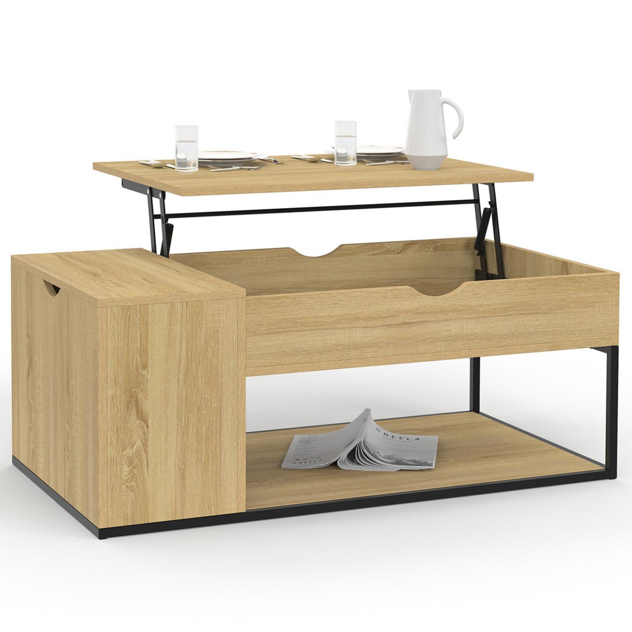 ID MARKET Table basse plateau relevable rectangulaire detroit avec coffre design industriel