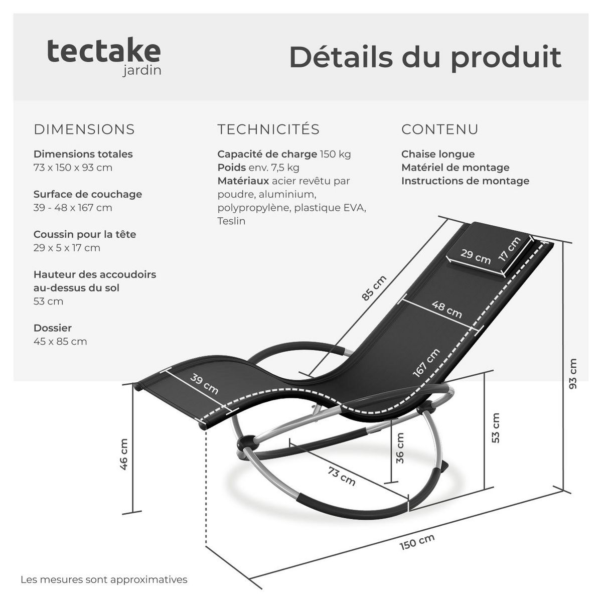 tectake Bain de soleil avec textilène noir