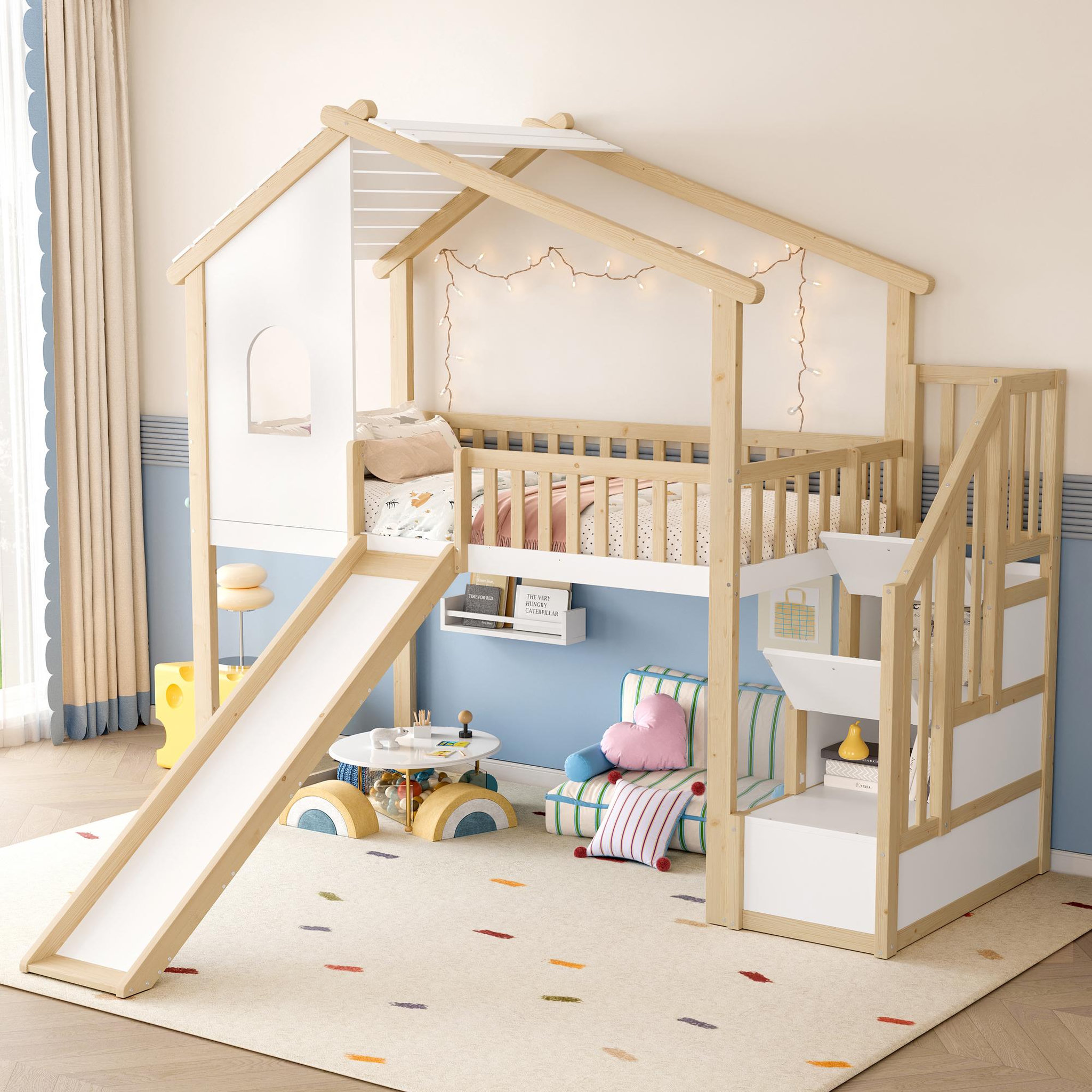 Voir la diapositive 5 : MERAX Lit combiné enfant 90x200cm coloris naturel+blanc pin