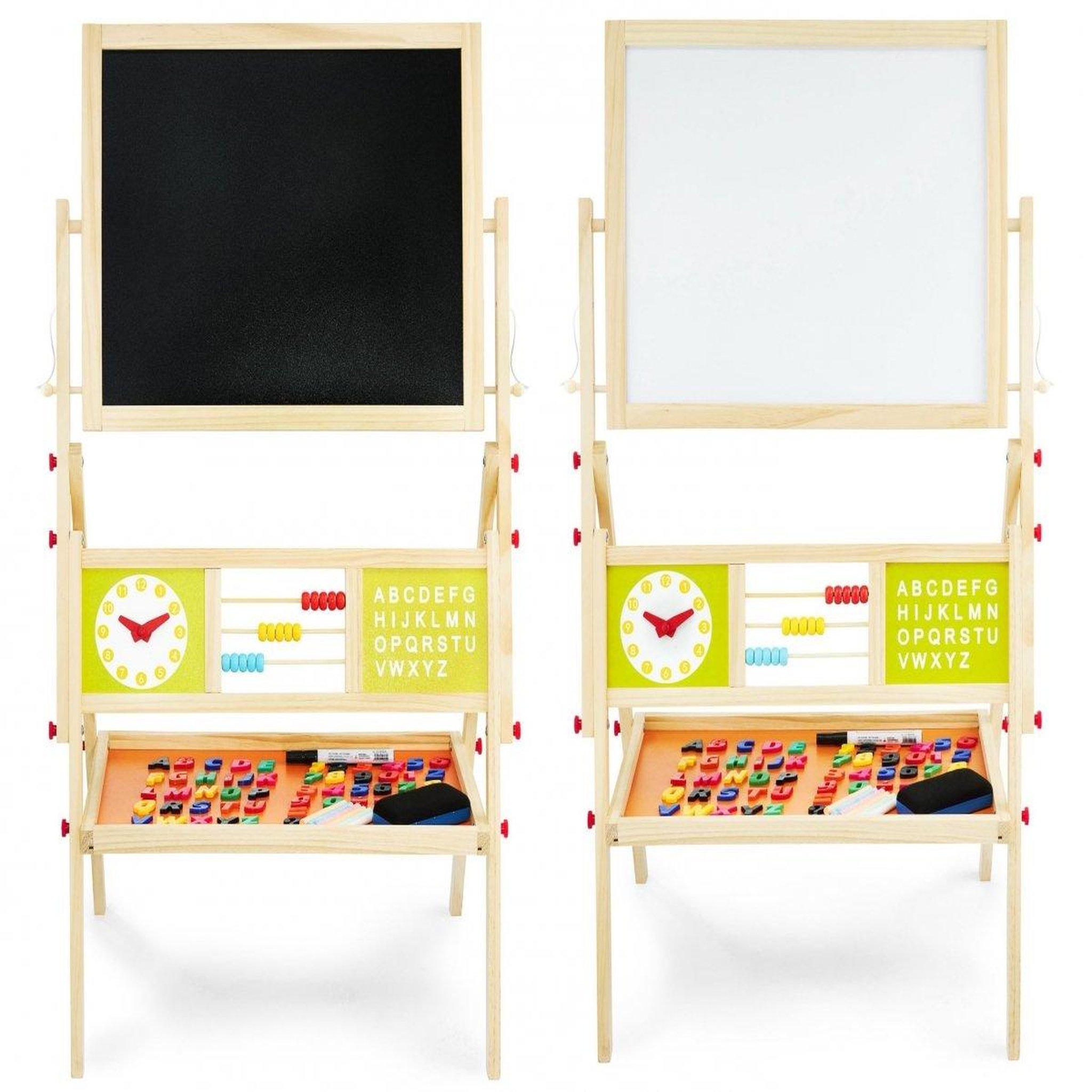 Voir la diapositive 3 : MAMABRUM Tableau Enfant en Bois Double Face Magnétique & Tableau Noir - Chevalet Pliable, Boulier & Horloge