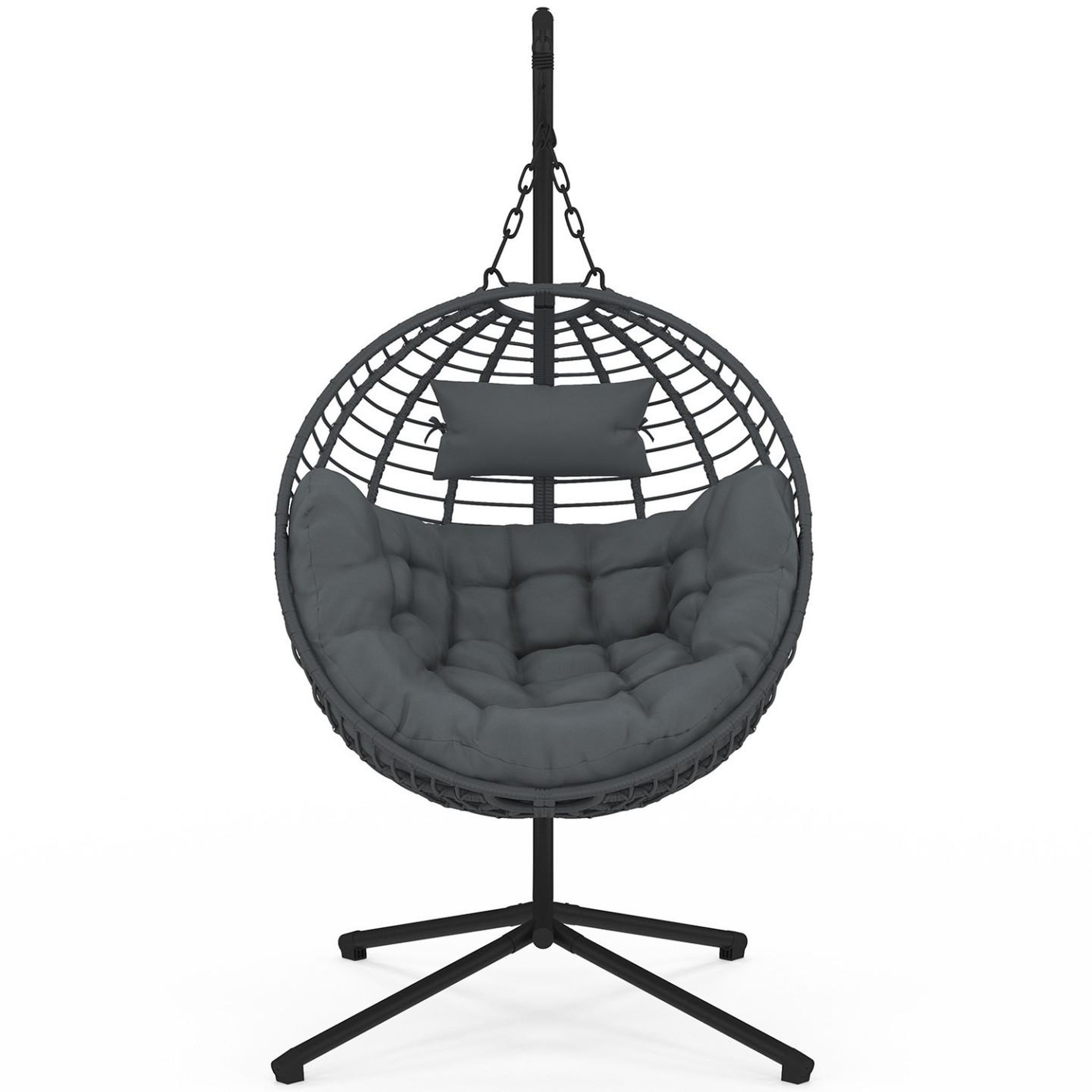 Voir la diapositive 5 : ID MARKET Fauteuil rond suspendu ajouré effet rotin gris avec coussin gris
