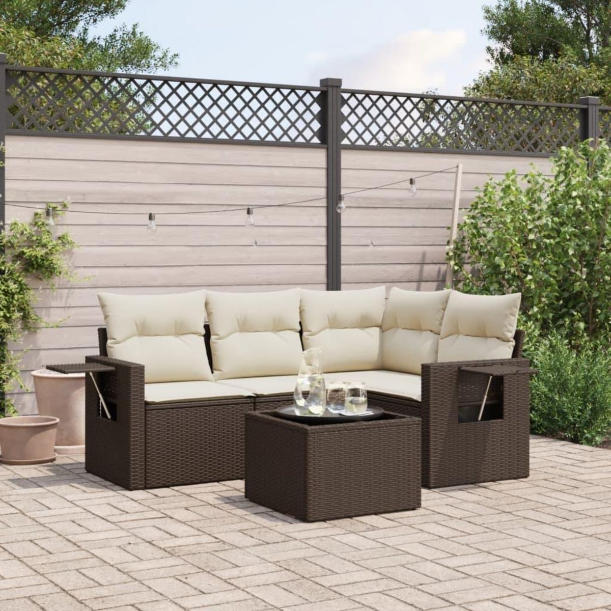 VIDAXL Salon de jardin avec coussins 5 pcs marron resine tressee