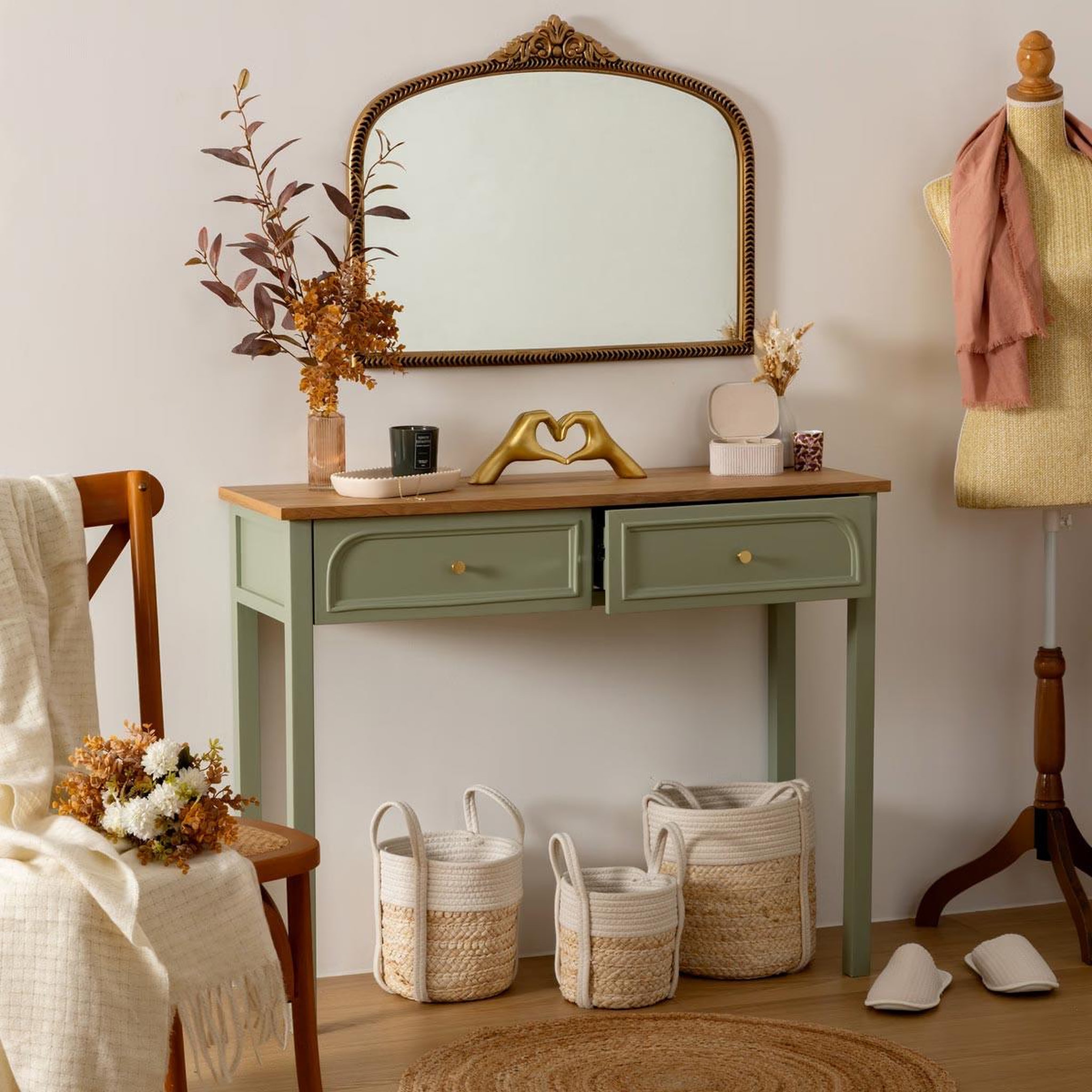 Voir la diapositive 6 : ATMOSPHERA Console 2 tiroirs  mohéa  100cm vert céladon