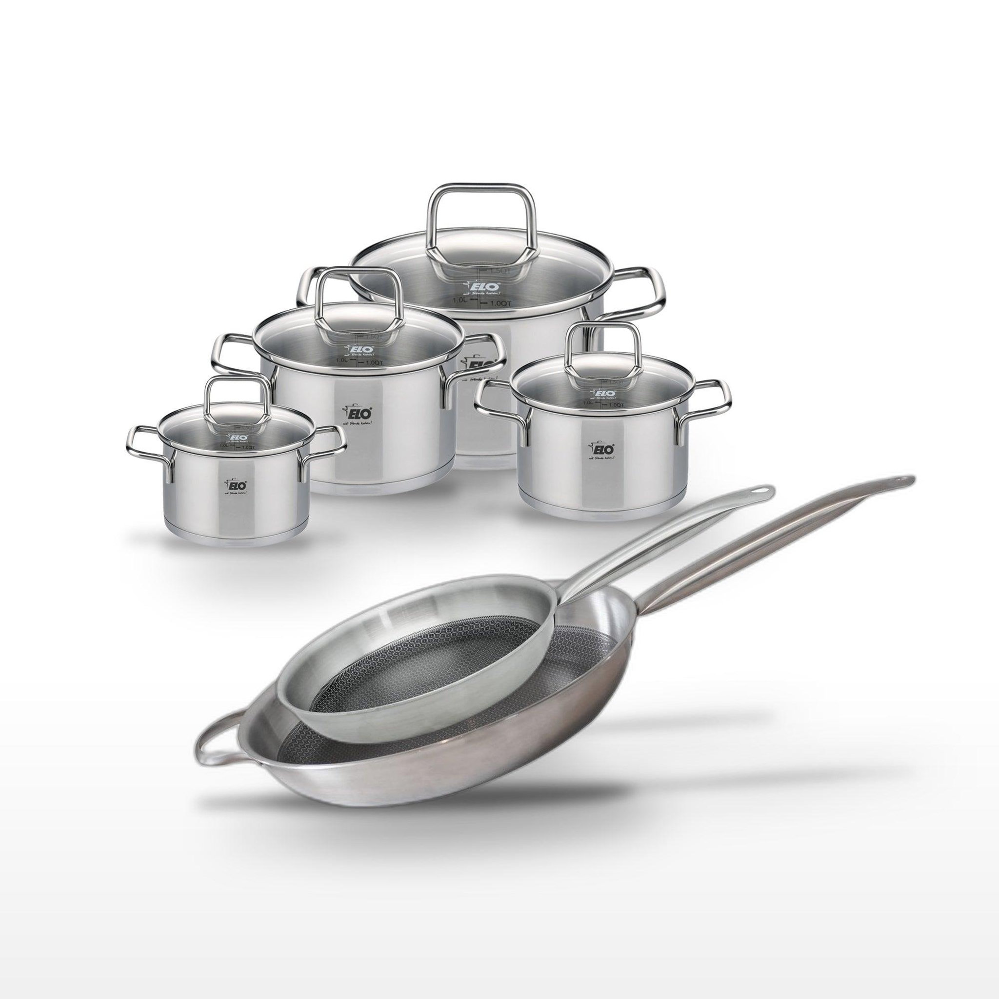 ELO Batterie de cuisine set de cuisson 2 faitouts 12/14 cm 1 faitout 16 cm 1 faitout 20 cm 1 poêle 28/32 cm elo collection relief solution citrin