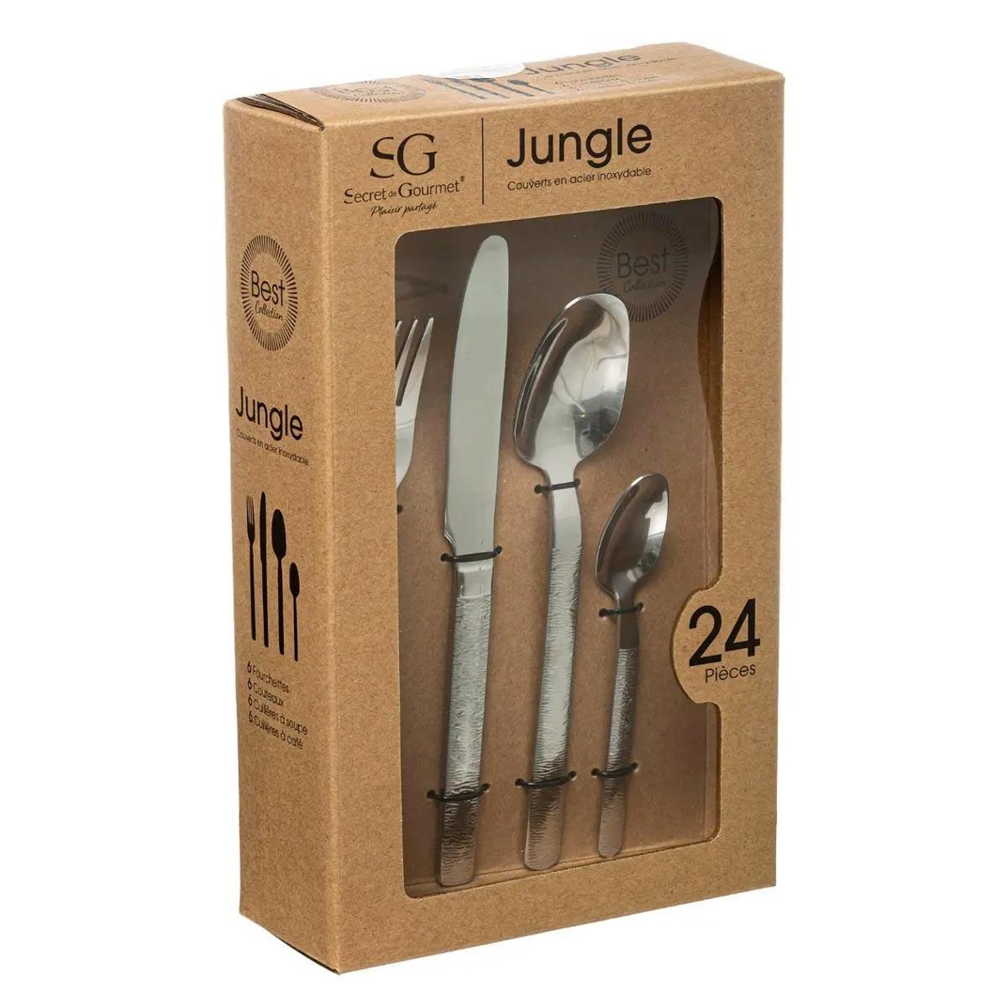 Voir la diapositive 2 : SECRET DE GOURMET Ménagère inox effet mat Jungle - 24 Pièces - Argent