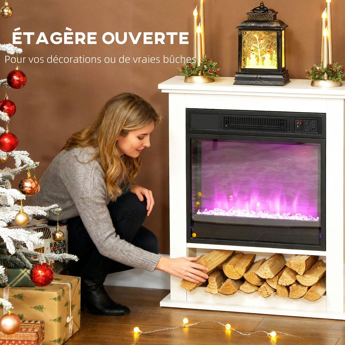 HOMCOM Cheminée électrique LED multicolore design classique niche rangement télécommande blanc noir