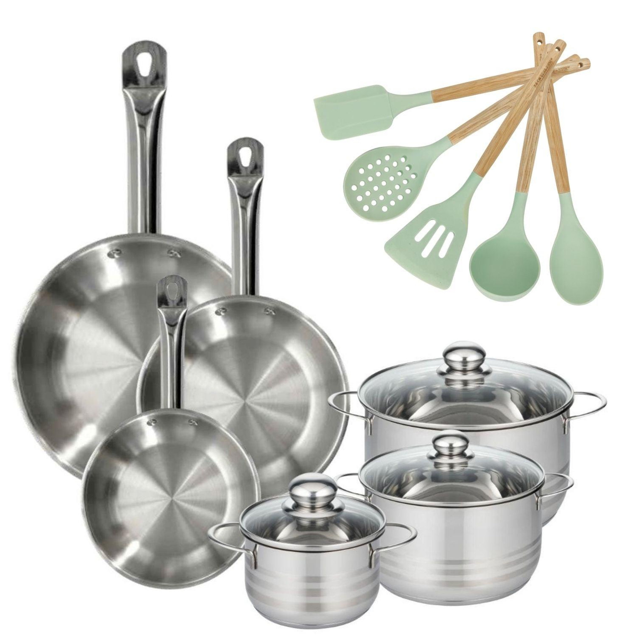 Fackelmann Batterie de cuisine avec 3 faitouts 16/20/24 cm et 3 poêles 20/24/28 cm avec 5 ustensiles de cuisine fackelmann etherna brillant fenix océan