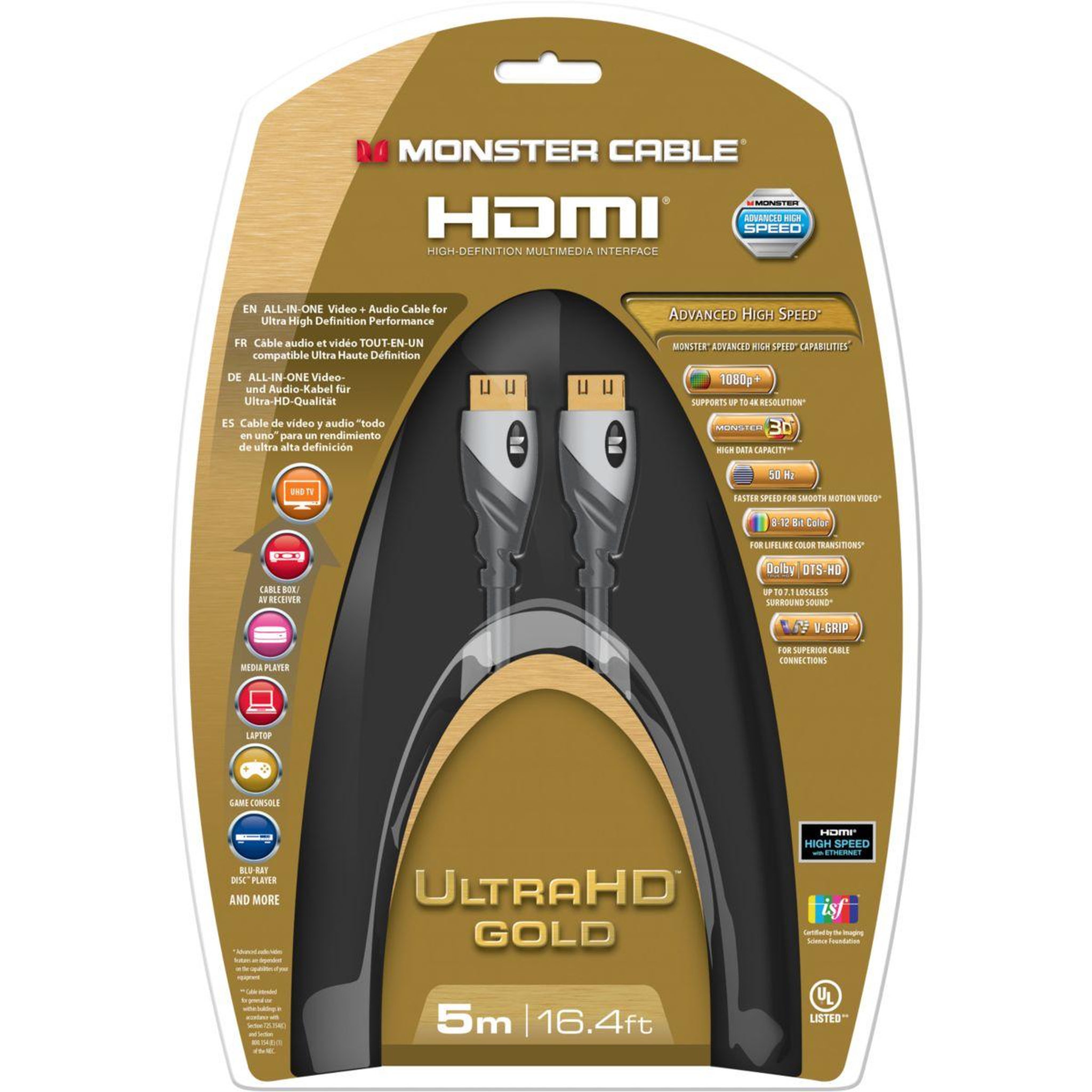 Voir la diapositive 2 : Monster Cable Câble HDMI 2.0/18Gbps 5M Noir