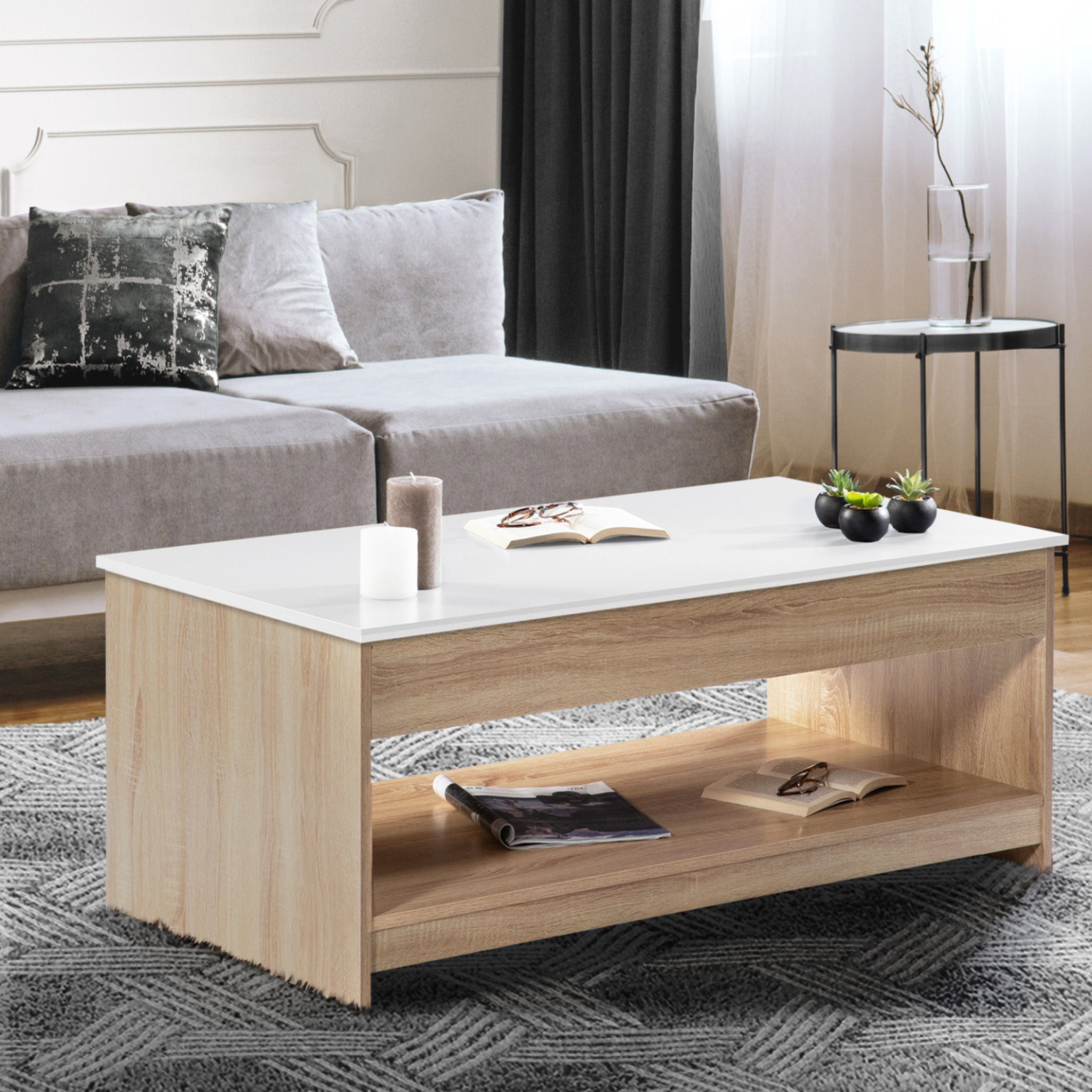 Voir la diapositive 3 : ID MARKET Table basse plateau relevable rectangulaire soa bois imitation hêtre plateau blanc