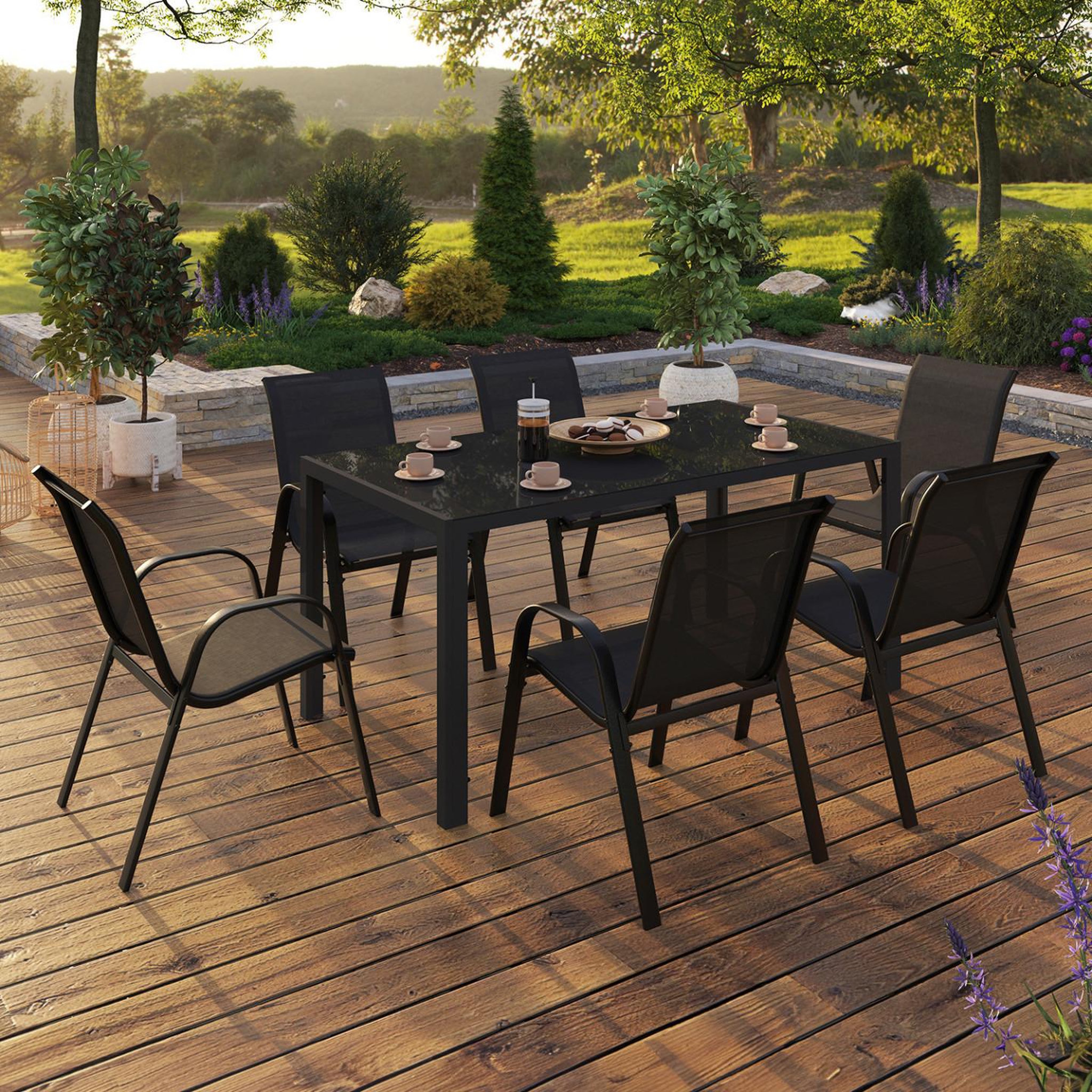 Voir la diapositive 2 : ID MARKET Salon de jardin madrid table 150 cm et 6 chaises empilables noir