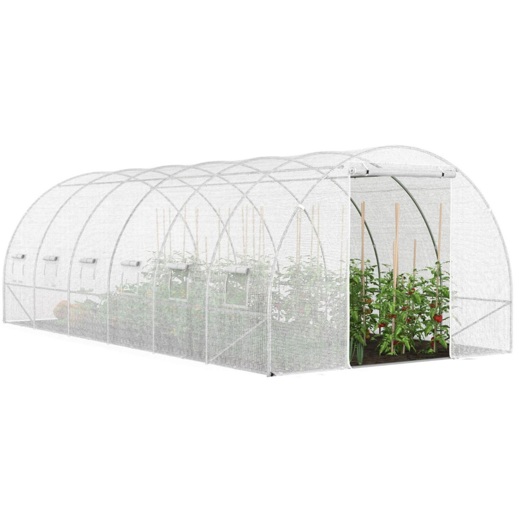 ID MARKET Serre de jardin tunnel 18m² 6 x 3 x 2 m acier galvanisé + bâche anti-uv avec porte et fenêtres crimée blanche