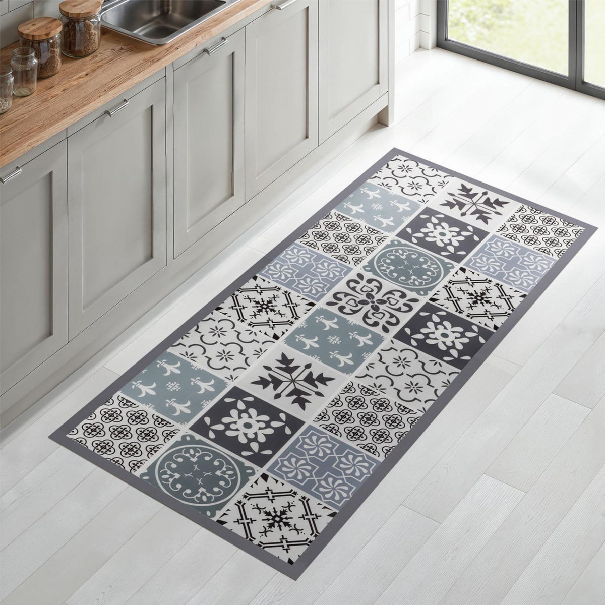 ID MARKET Tapis en vinyle effet carreaux de ciment noir et blanc 66 x 160 cm