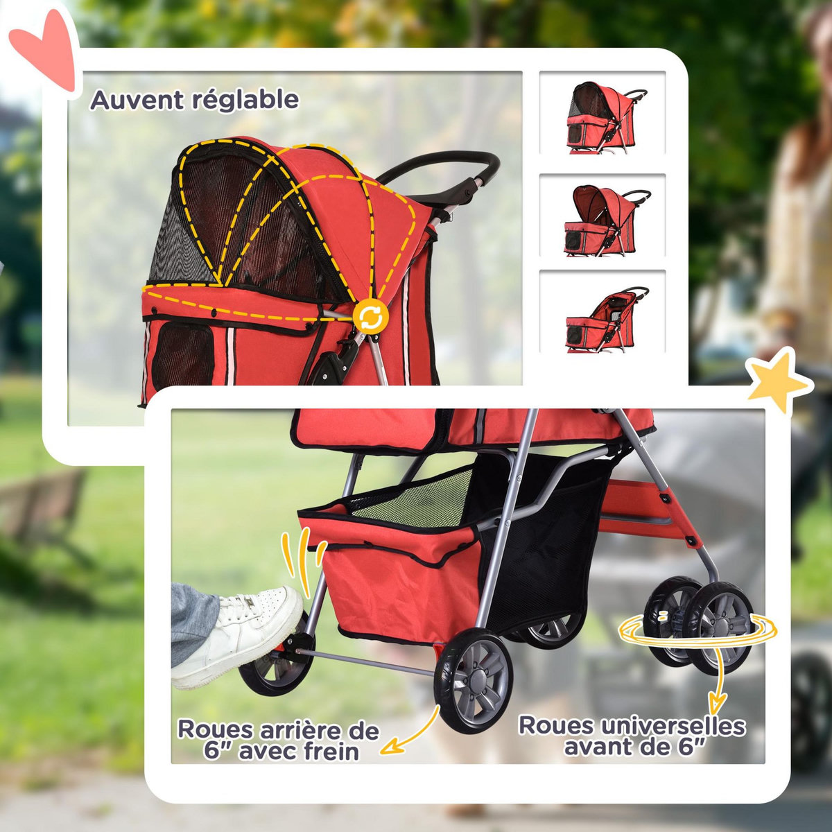 PAWHUT Poussette buggy pliable animaux chariot pliant chien chat porte-gobelet panier de rangement inclus roues avec frein tissu 600D Oxford métal rouge