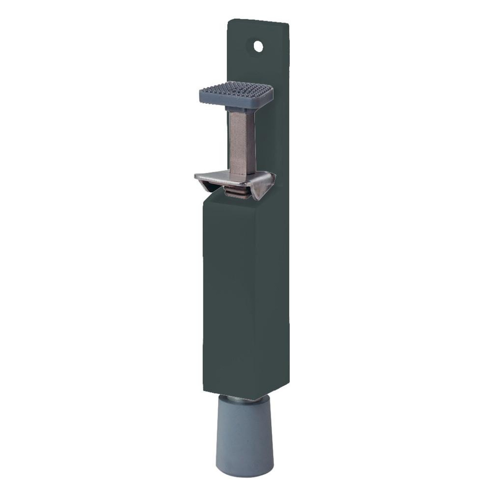 Butoir de porte vertical noir avec pédale acier et tampon caoutchouc, diamètre d'embase 50 mm, avec platine de fixation, pour portes jusqu'à 40 kg