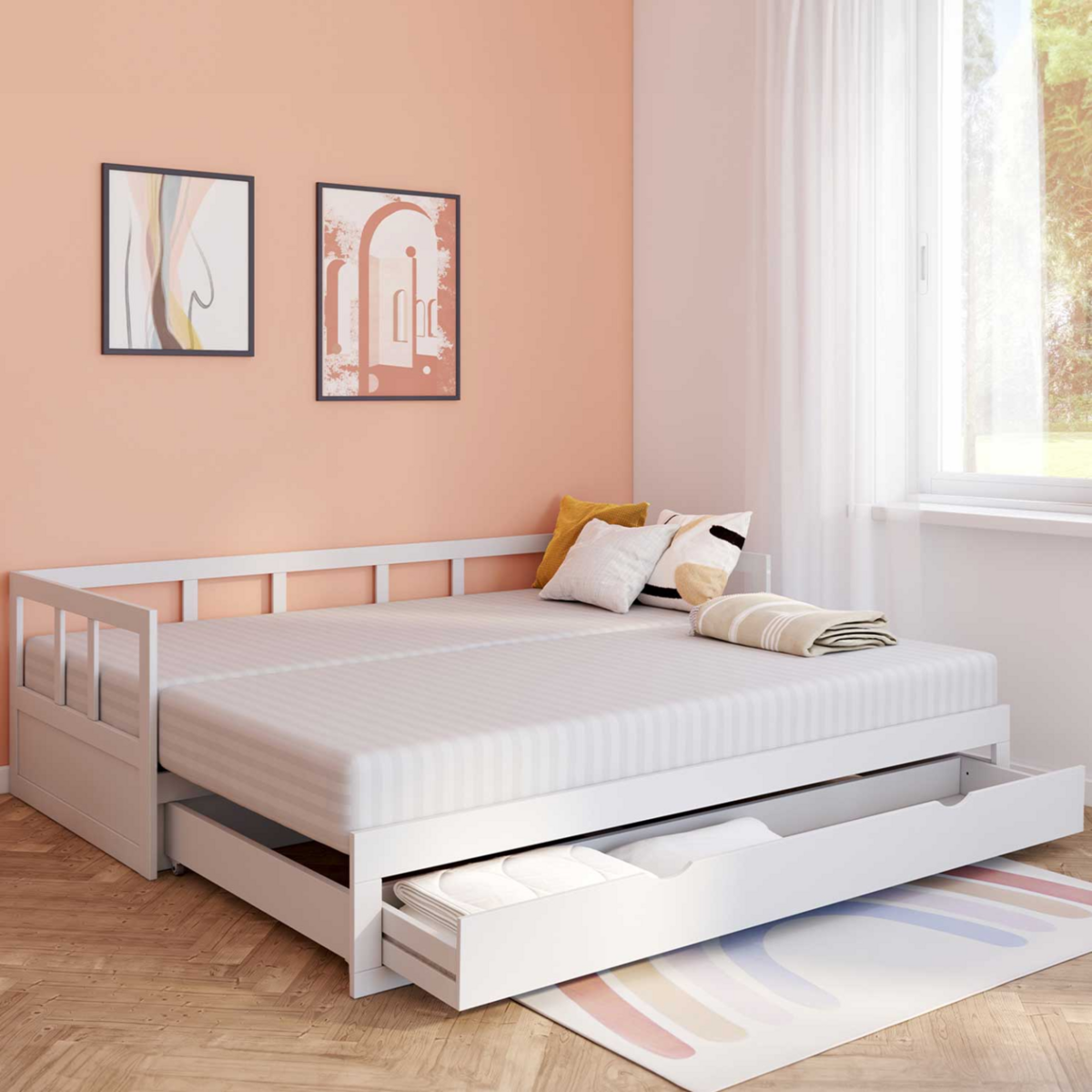 ID MARKET Lit banquette 90 x 190 cm ZOYA convertible 180 x 190 cm blanc avec 1 tiroir de rangement