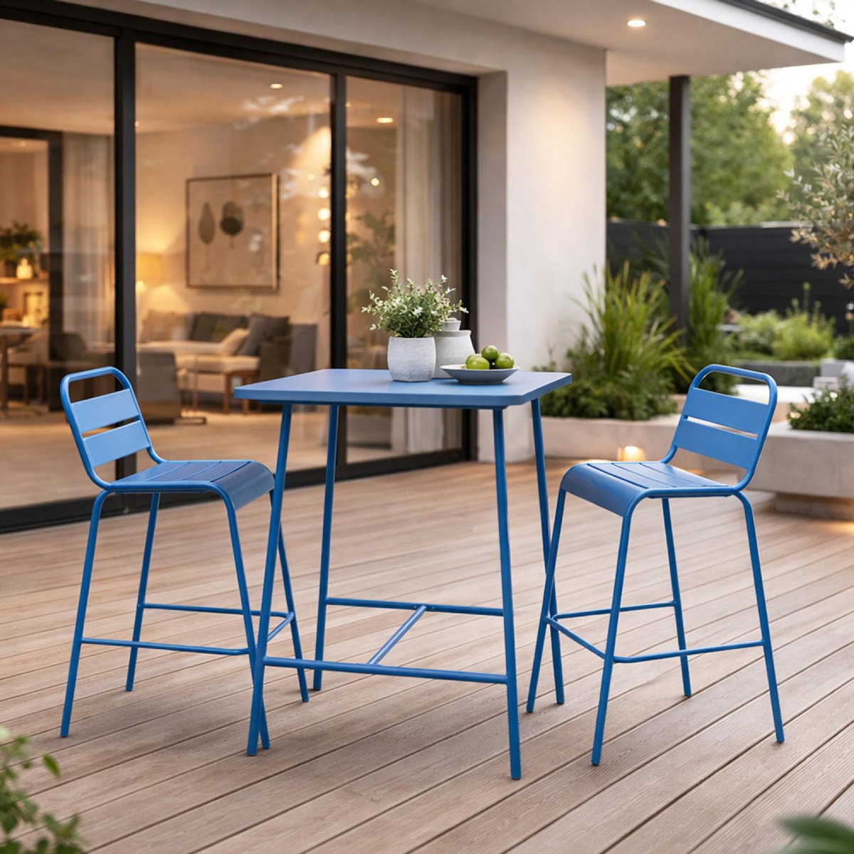 CONCEPT USINE Ensemble table de bar et 2 chaises hautes d'extérieur bleu BERGAME