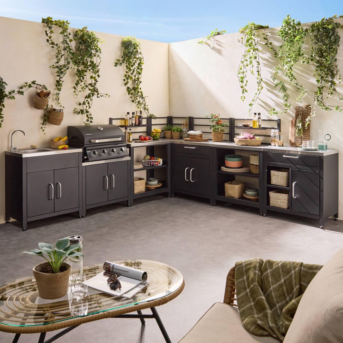 SWEEEK Ensemble de meubles de cuisine extérieure en acier inoxydable 7 modules avec barbecue au gaz 4 brûleurs