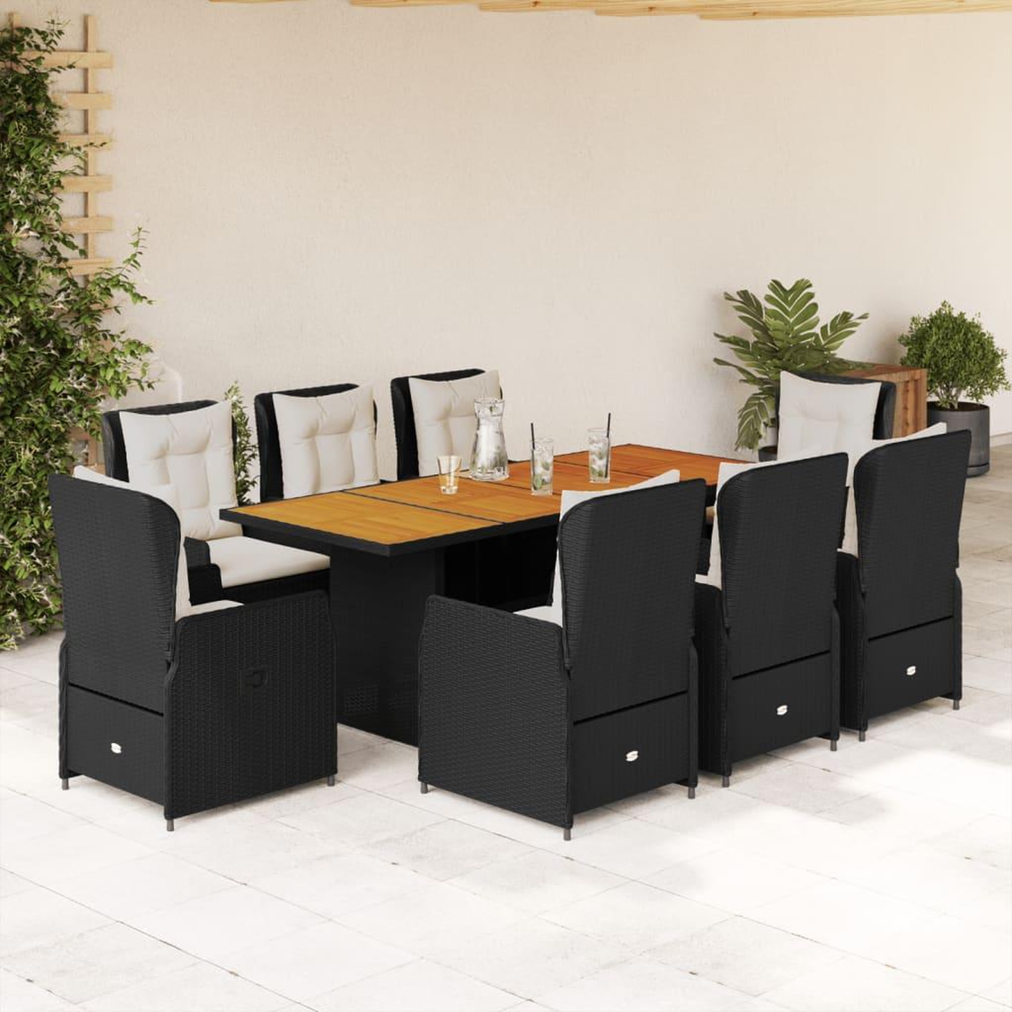 VIDAXL Ensemble a manger de jardin 9pcs coussins noir resine tressee