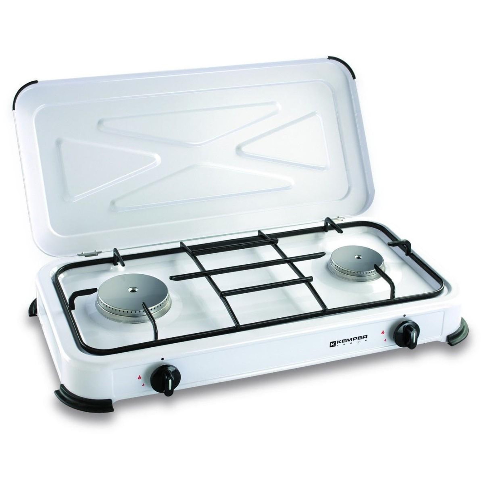 Voir la diapositive 4 : Kemper Réchaud gaz portable 2 feux 2600W Blanc laqué Couvercle Plaque de cuisson KEMPER