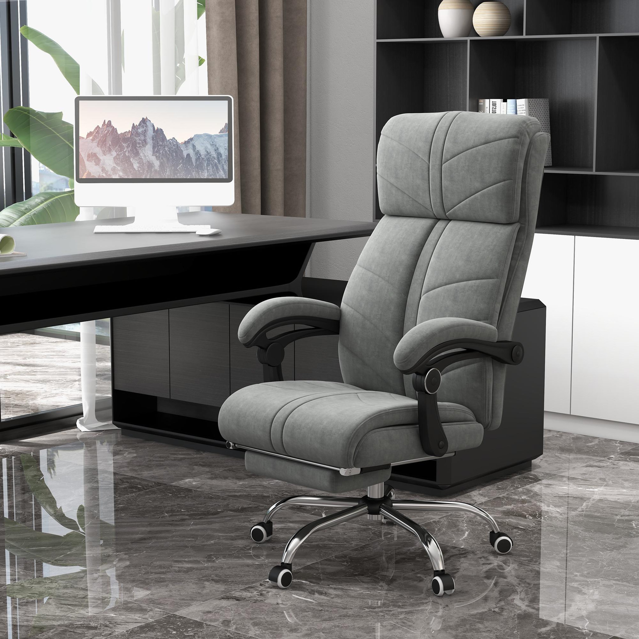 Voir la diapositive 4 : VINSETTO Fauteuil de bureau direction massant chauffant inclinable réglable repose-pied intégré tissu toucher flanelle grise