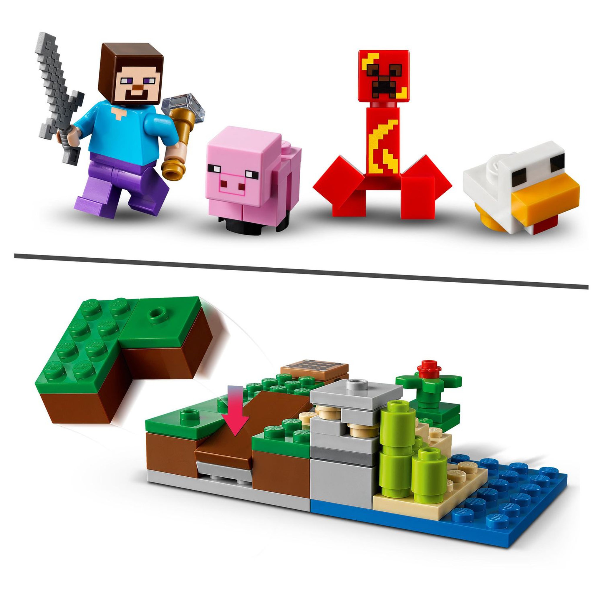 Voir la diapositive 6 : LEGO Minecraft 21177 - L'embuscade du Creeper, Set avec Minifigures Steve, Bébé Cochon et Poulet, Jouets pour Enfants +7 ans