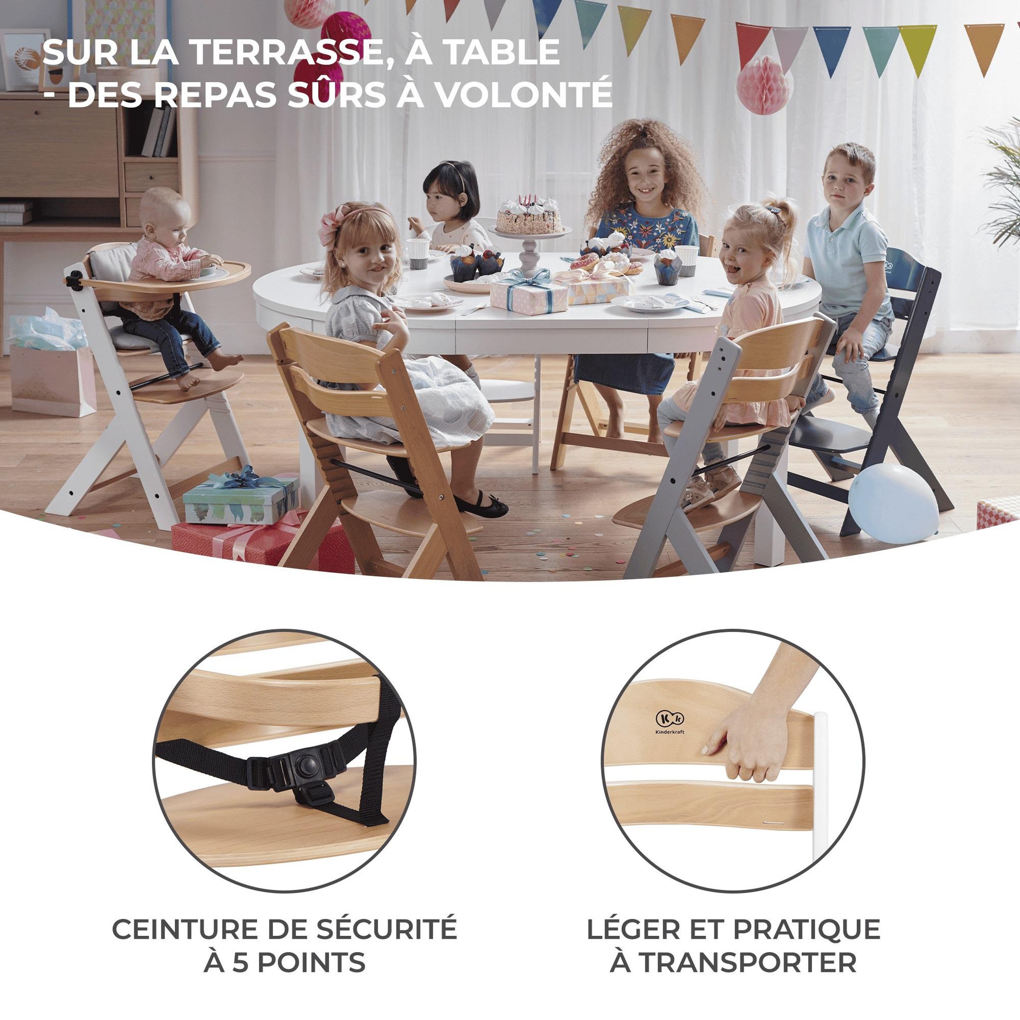 Voir la diapositive 5 : KINDERKRAFT Chaise haute bois 3 en 1 reglable avec harnais
