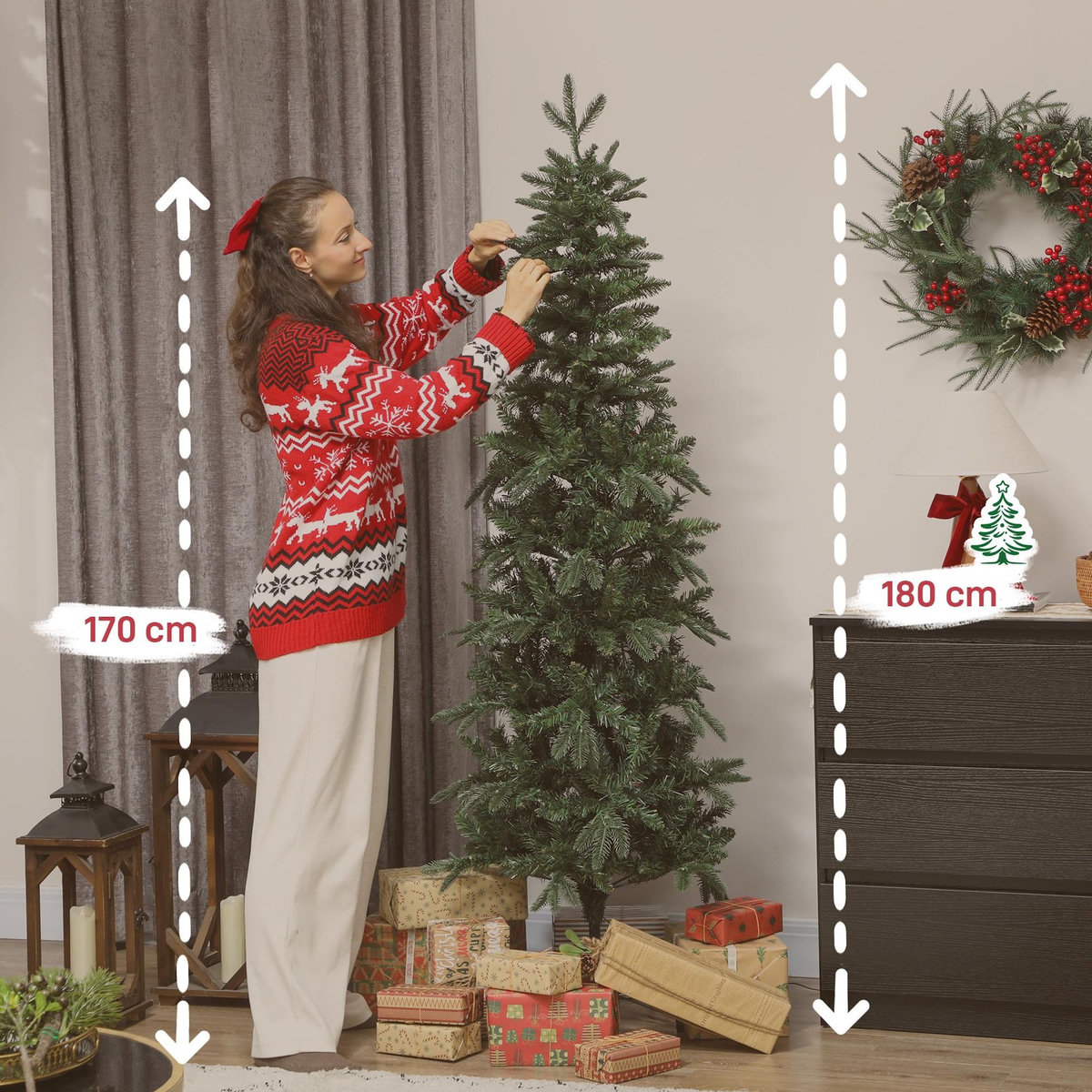 HOMCOM Sapin de Noël artificiel LED x 200 blanc chaud 8 modes H.180 cm 605 branches support vert