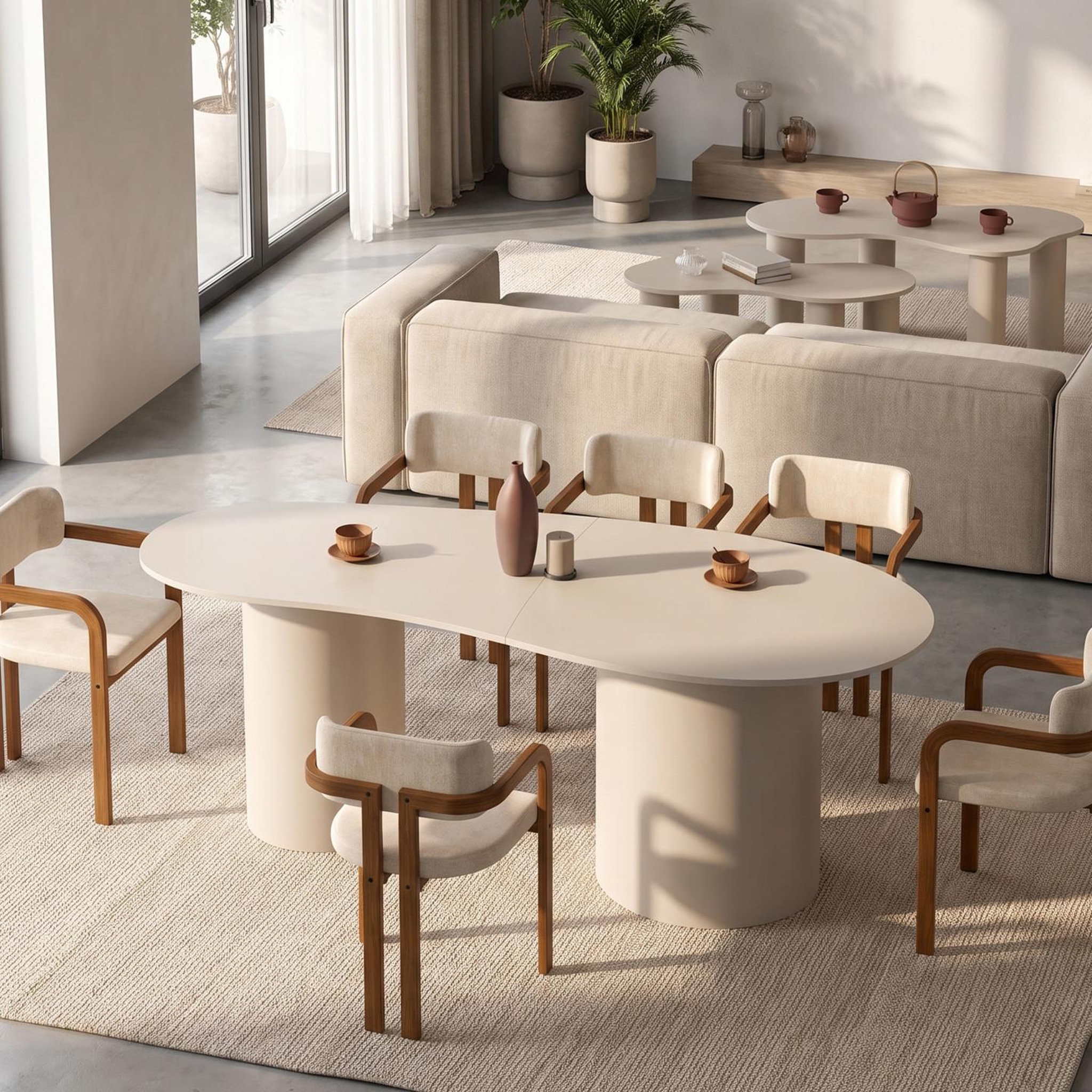Voir la diapositive 5 : ID MARKET Table à manger ovale organique orphea 8 personnes 2 pieds cylindriques beige 200 cm