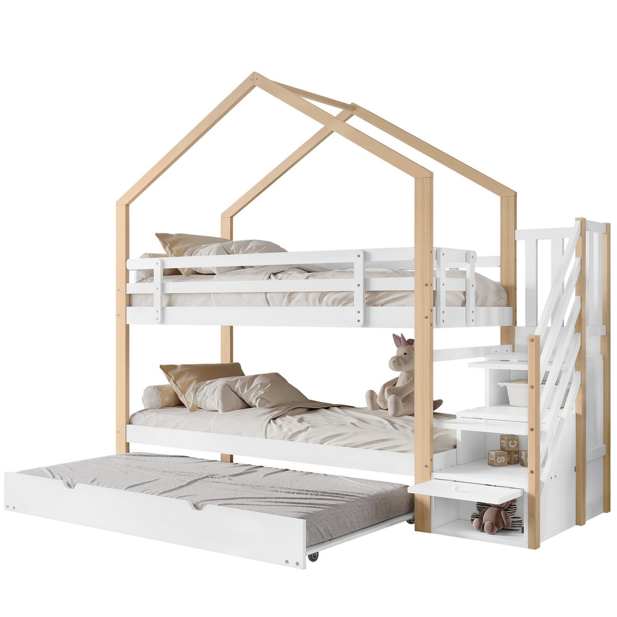 MERAX Lit superposé 90x200(90x190)cm bois et mdf coloris blanc+naturel