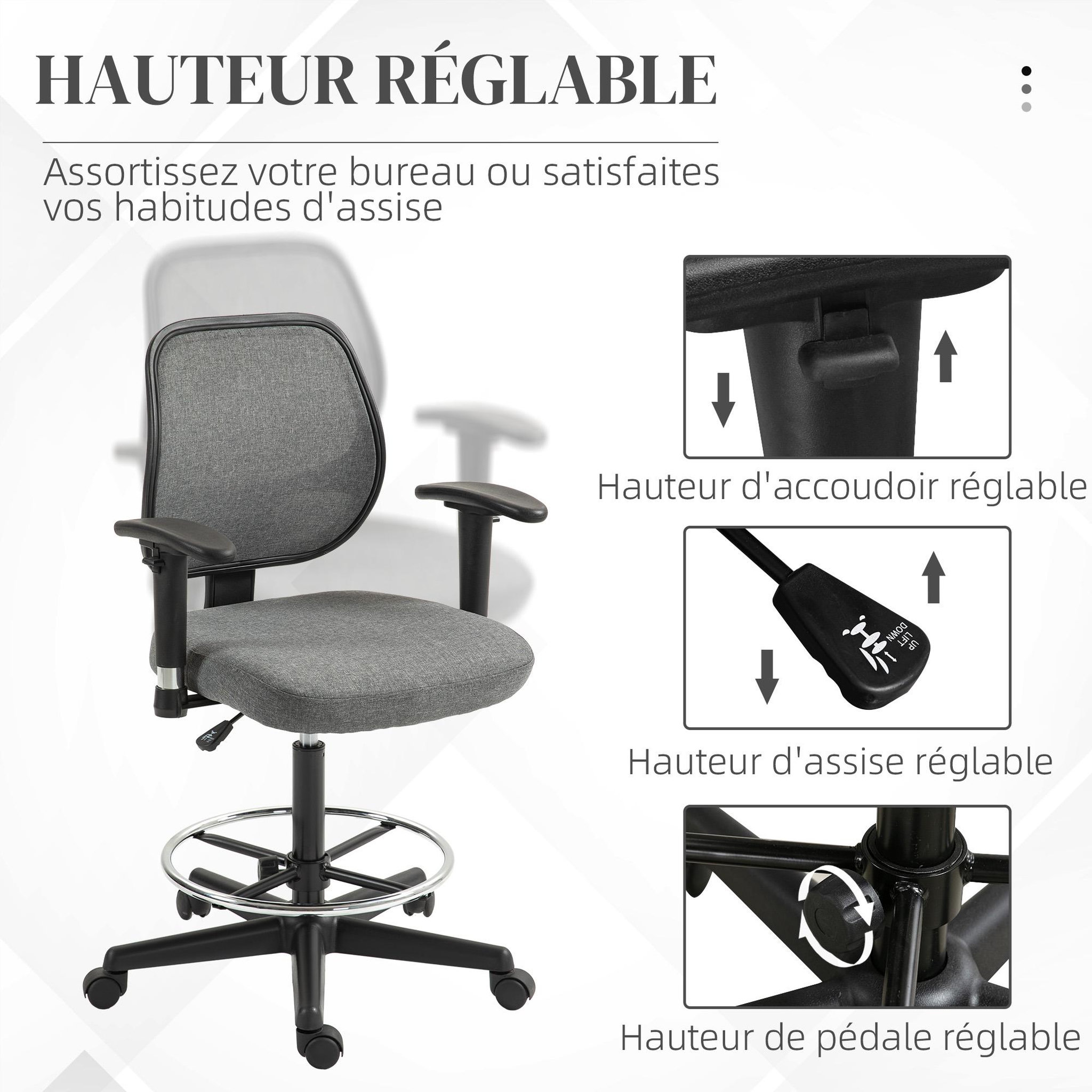 Voir la diapositive 4 : VINSETTO Chaise de bureau assise haute réglable accoudoirs réglables pivotante 360° tissu gris chiné