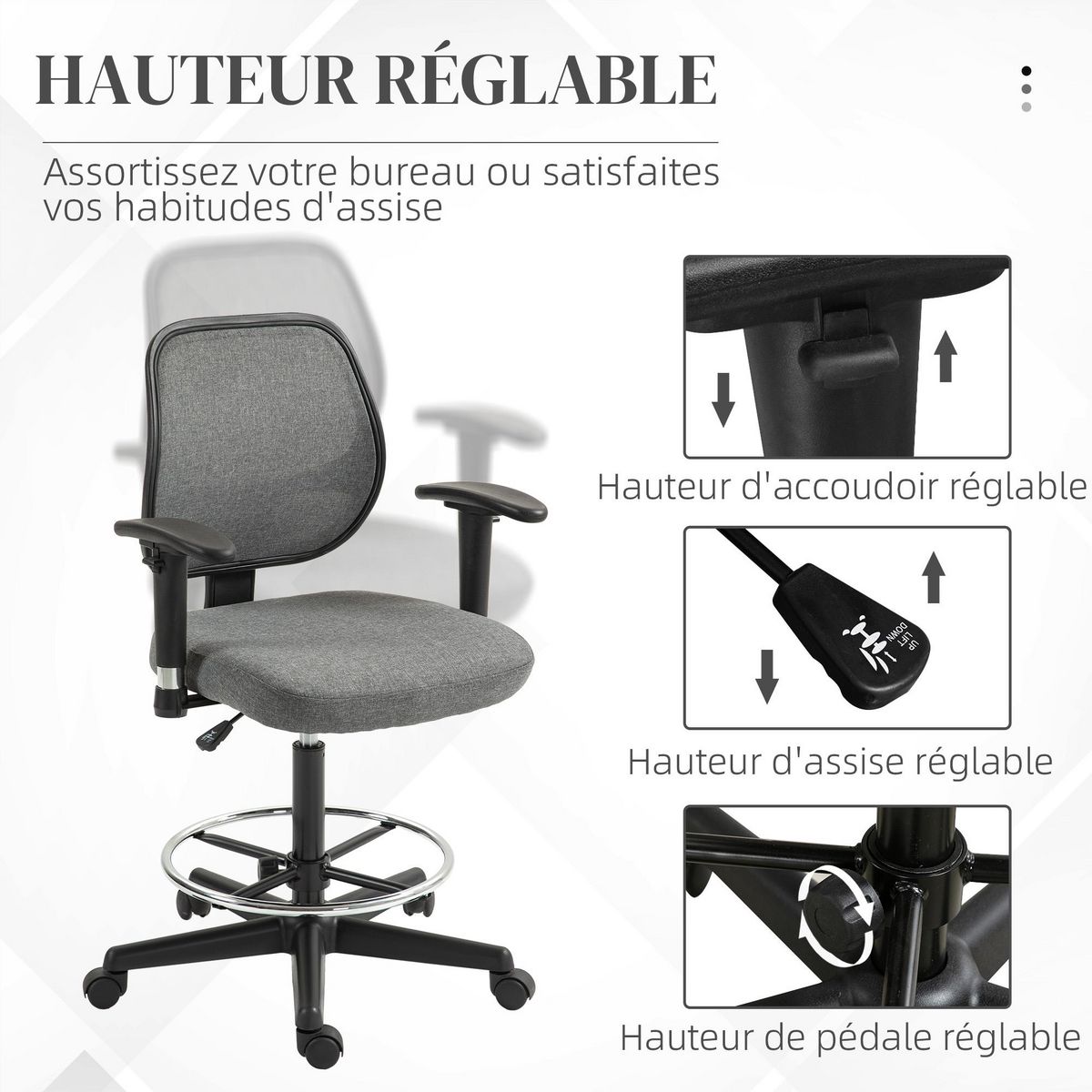 VINSETTO Chaise de bureau assise haute réglable accoudoirs réglables pivotante 360° tissu gris chiné