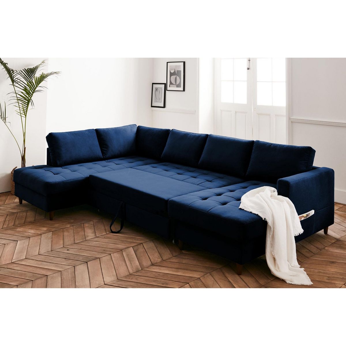 LISA DESIGN Anna - canapé panoramique d'angle gauche - 7 places - convertible avec coffre - en velours