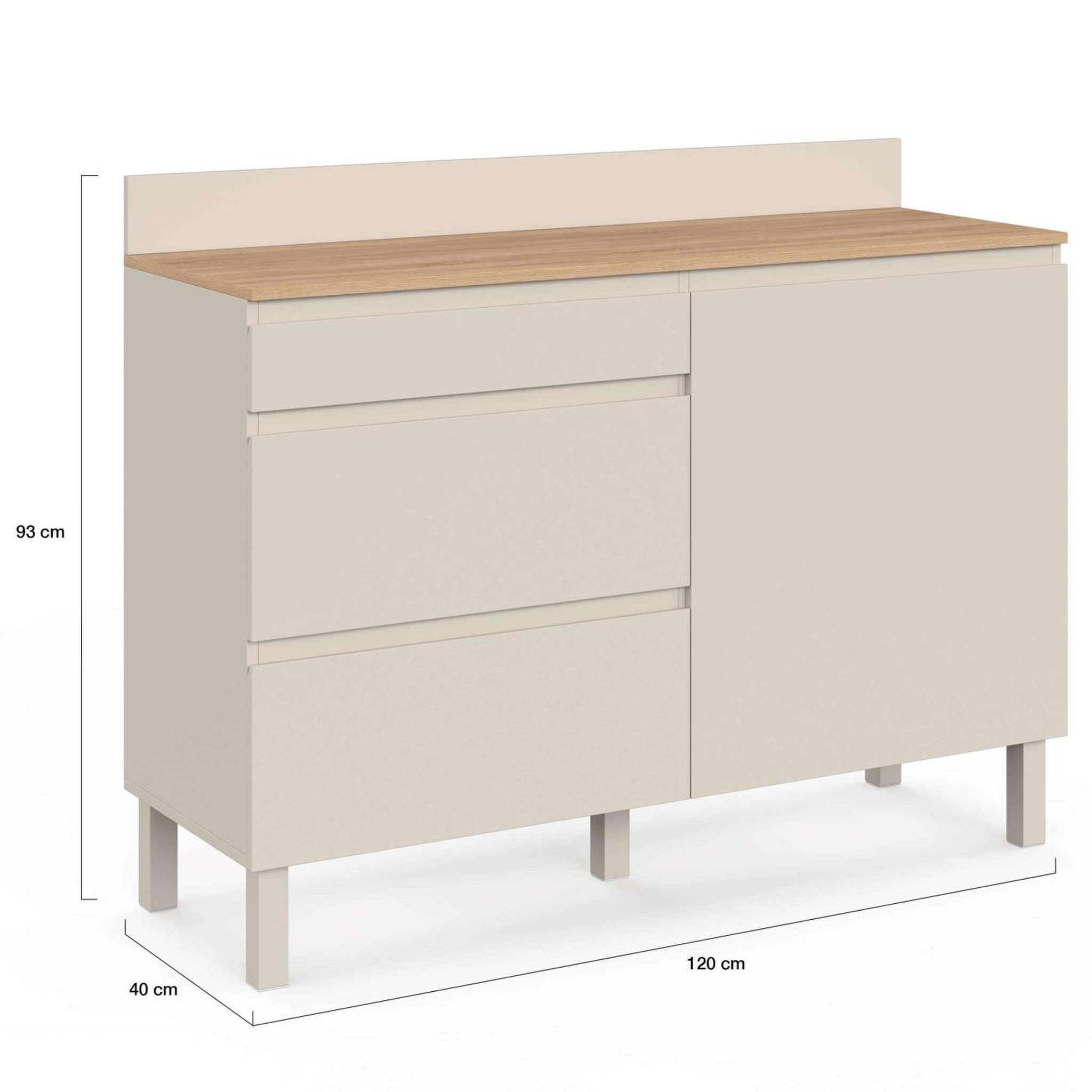 Voir la diapositive 6 : ID MARKET Buffet bas casserolier de cuisine 120 cm claude plan de travail effet bois h.83 cm 1 porte + 3 tiroirs beige