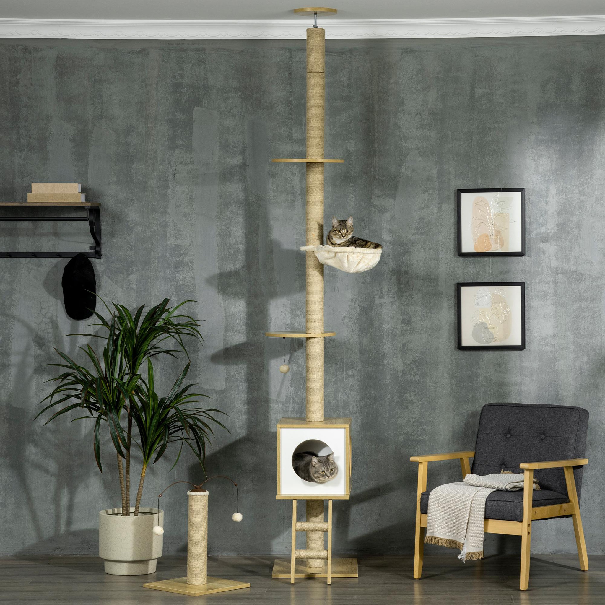 Voir la diapositive 2 : PAWHUT Arbres à chat 2 pièces style nordique - hauteur réglable 225-285h cm - multi-équipement - panneaux aspect chêne clair jute